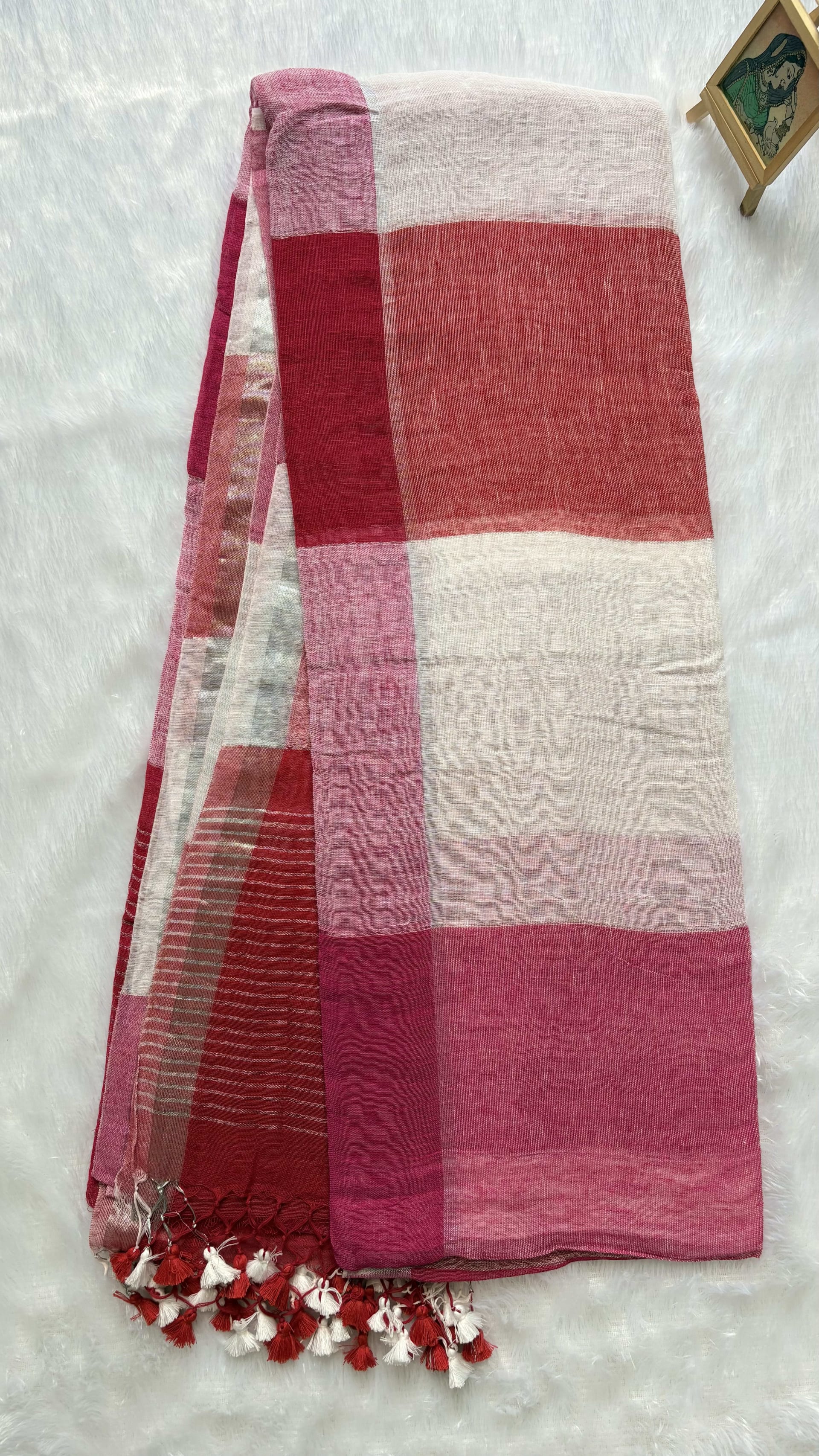 Linen Sarees with Big Checks - Pink — Pink/Peach Chanderi Linen saree