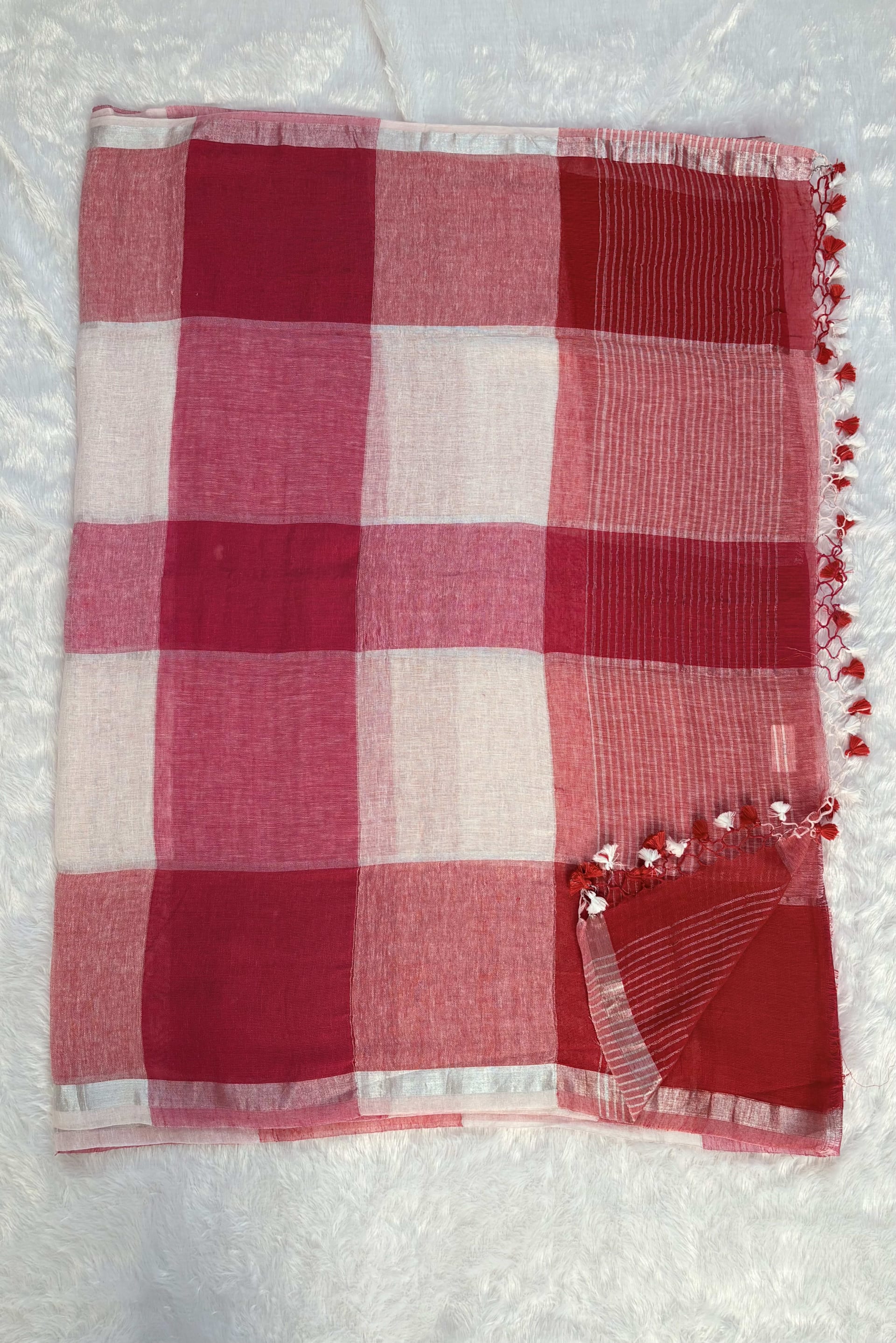 Linen Sarees with Big Checks - Pink — Pink/Peach Chanderi Linen saree