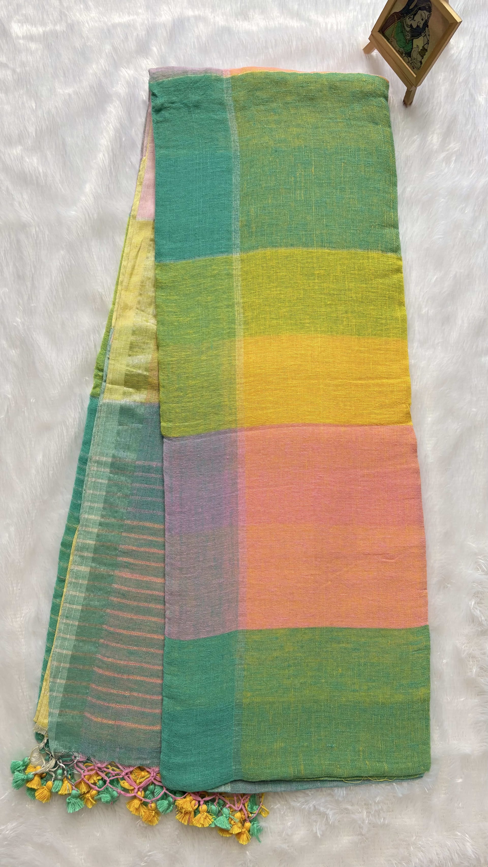 Linen Sarees with Big Checks - Yellow — Yellow Chanderi Linen saree