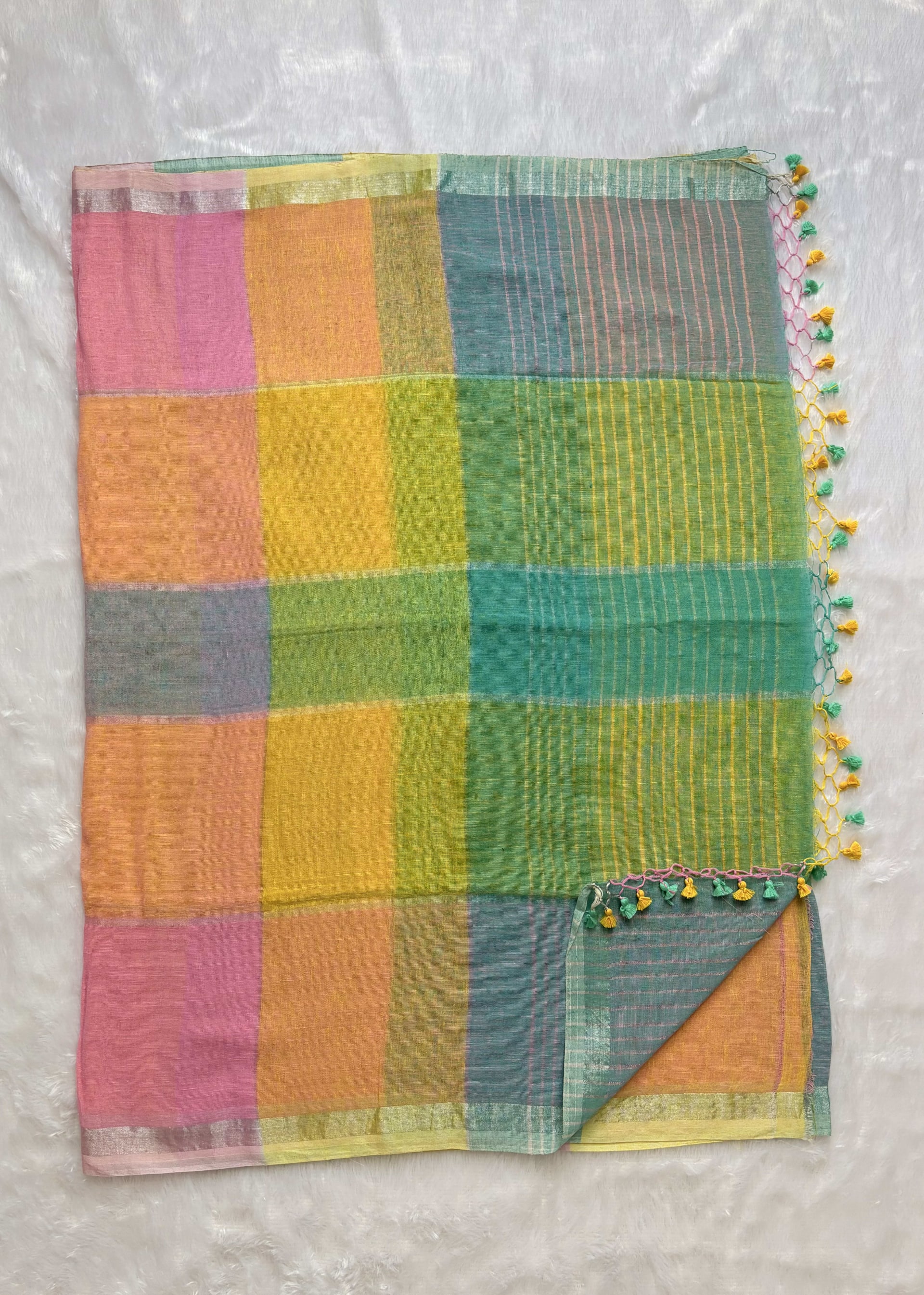 Linen Sarees with Big Checks - Yellow — Yellow Chanderi Linen saree