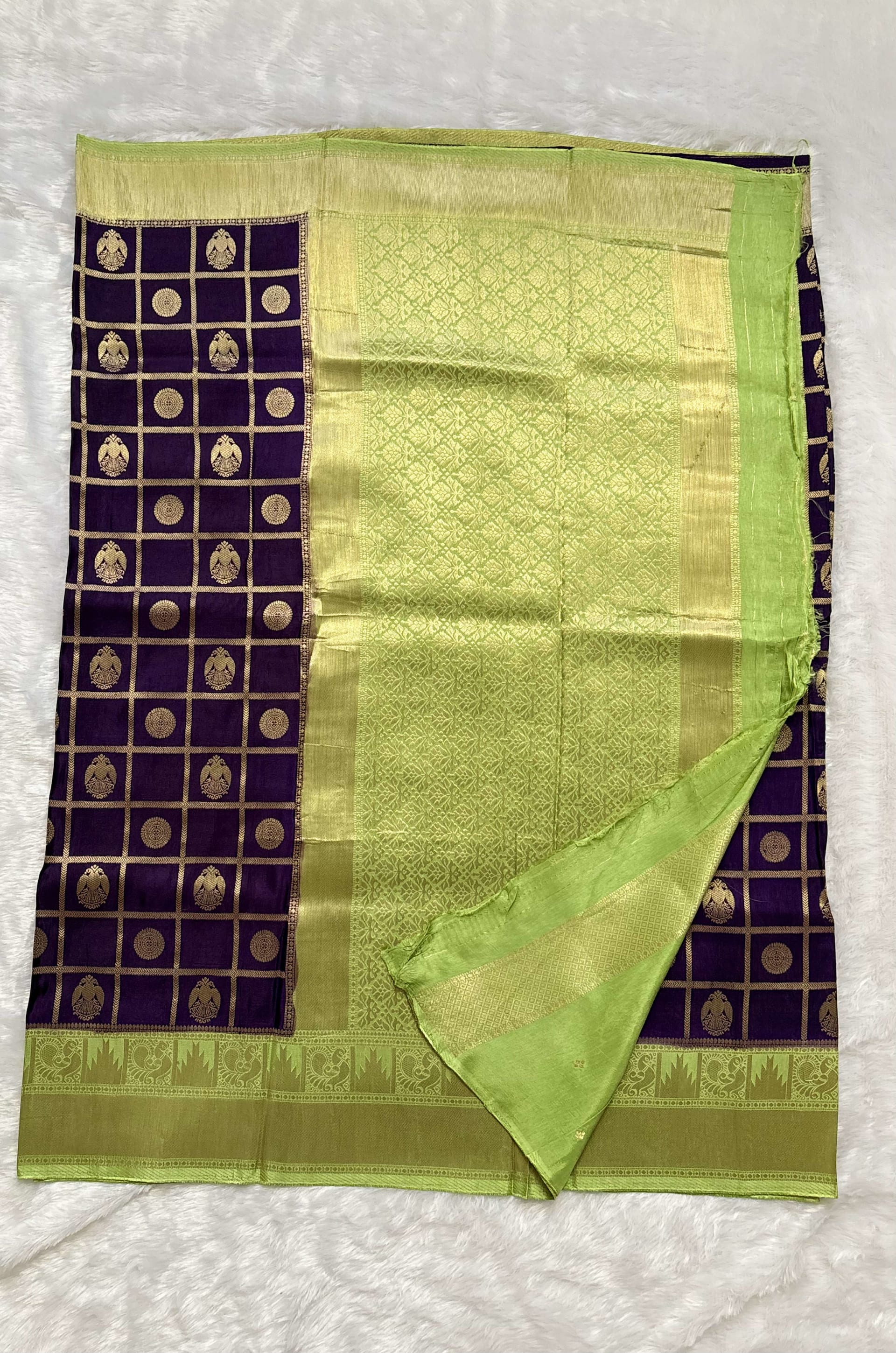 Russian Crepe Saree - Purple and Parrot Green — Purple/Lavender Banarasi Crepe saree
