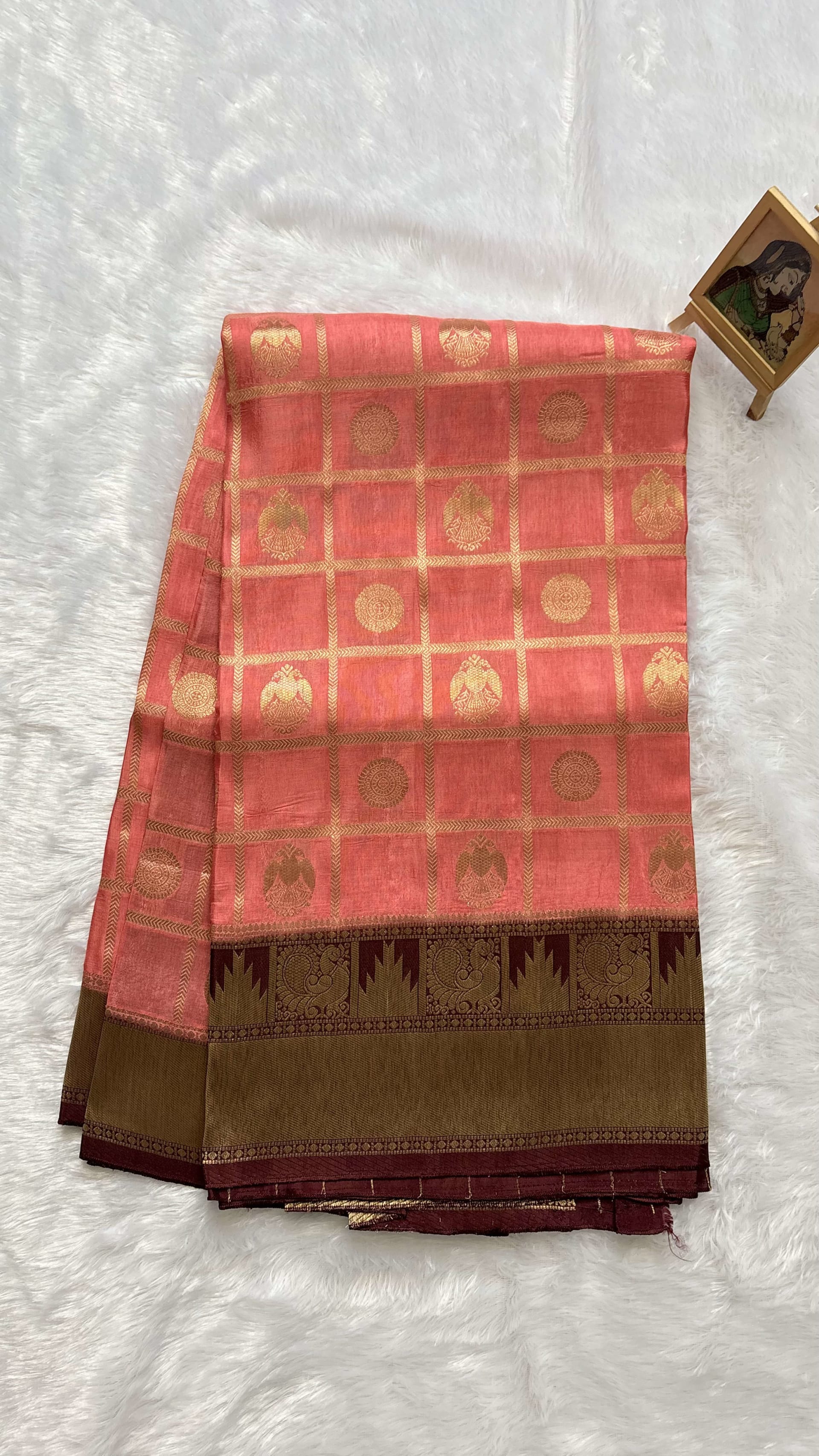 Russian Crepe Saree - Peach and Maroon — Pink/Peach Banarasi Crepe saree