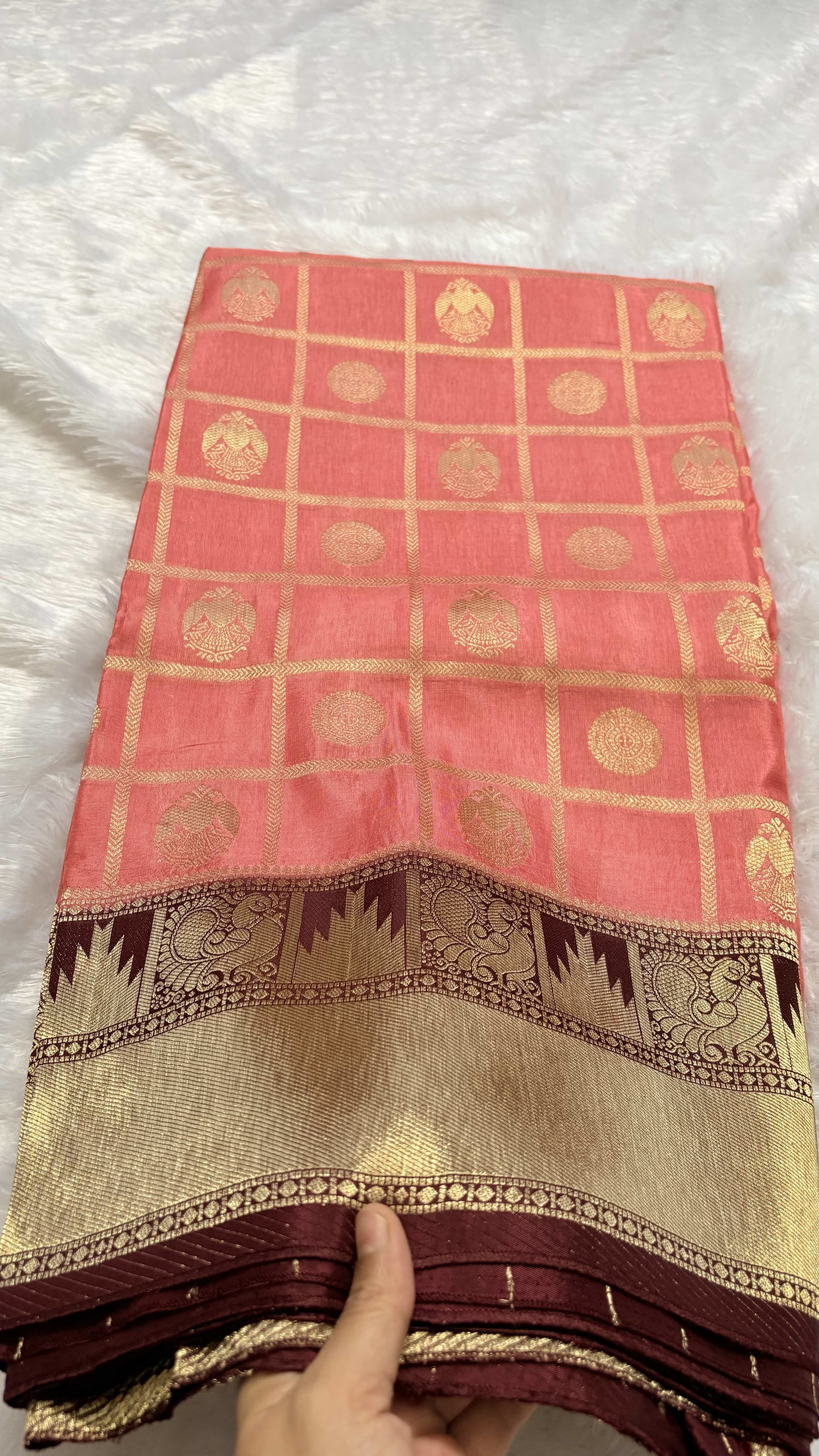 Russian Crepe Saree - Peach and Maroon — Pink/Peach Banarasi Crepe saree