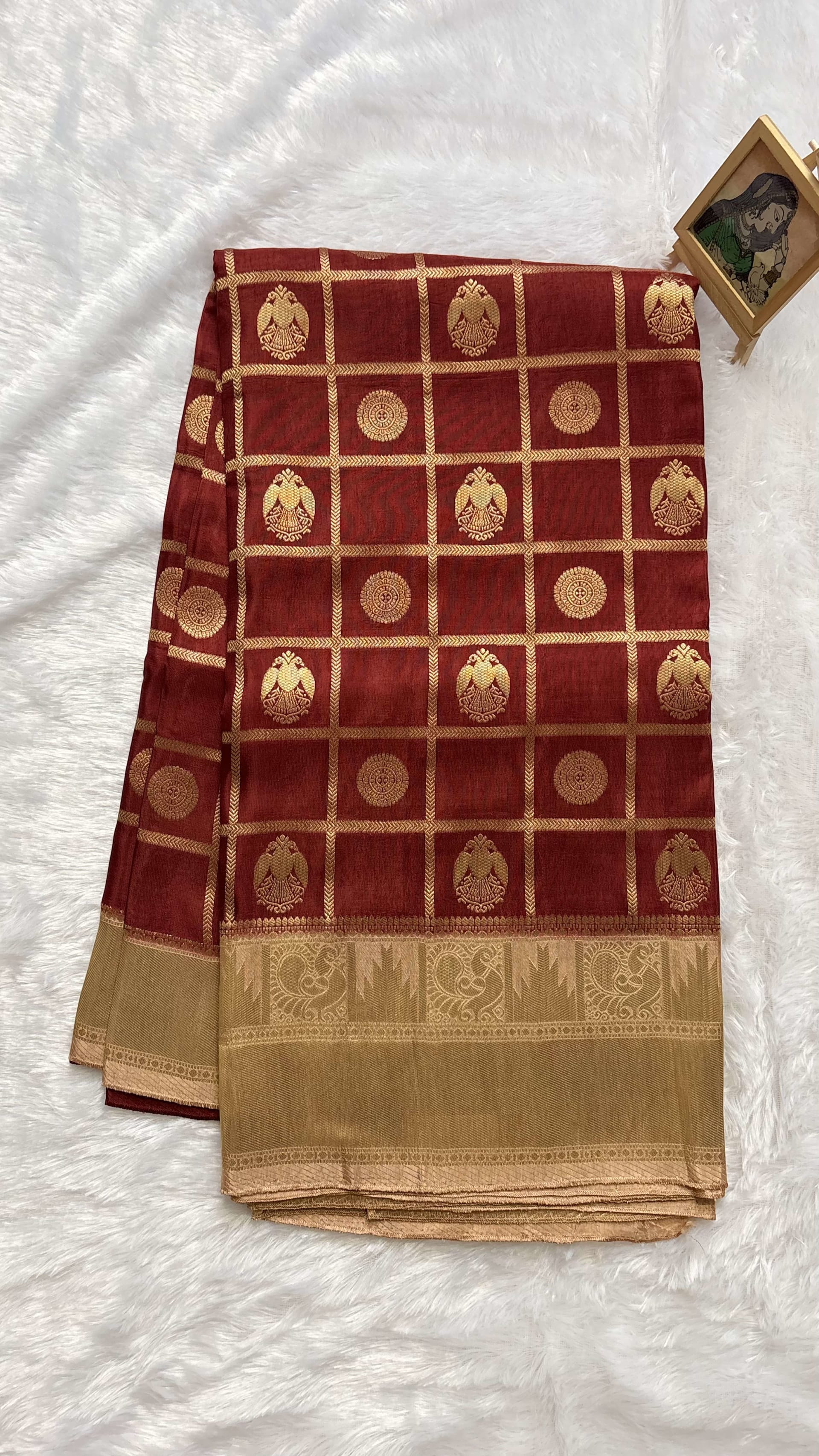 Russian Crepe Saree - Red and Beige — Red/Maroon Banarasi Crepe saree