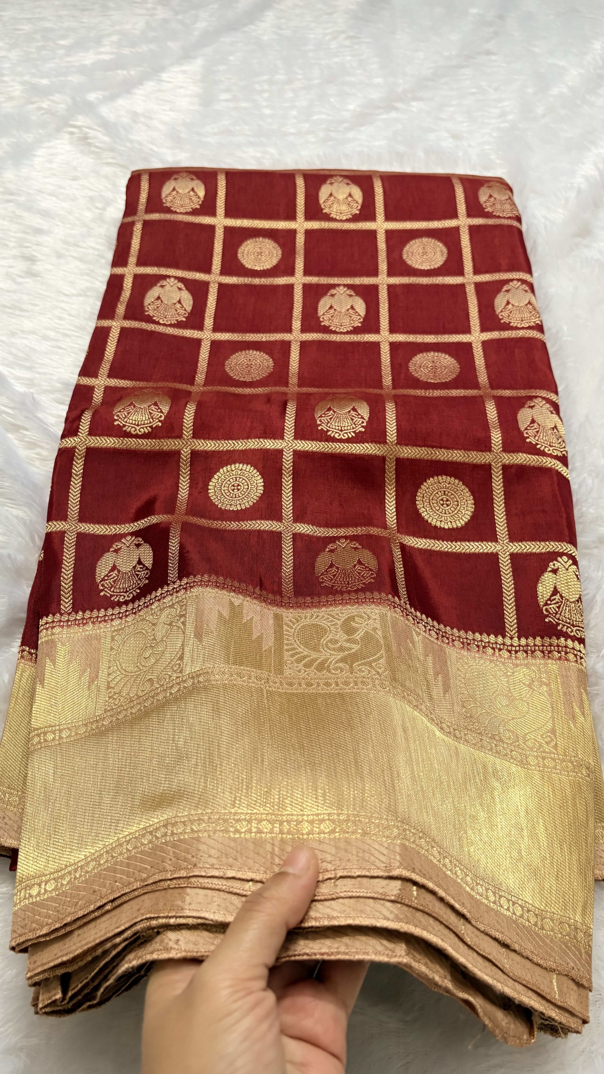 Russian Crepe Saree - Red and Beige — Red/Maroon Banarasi Crepe saree