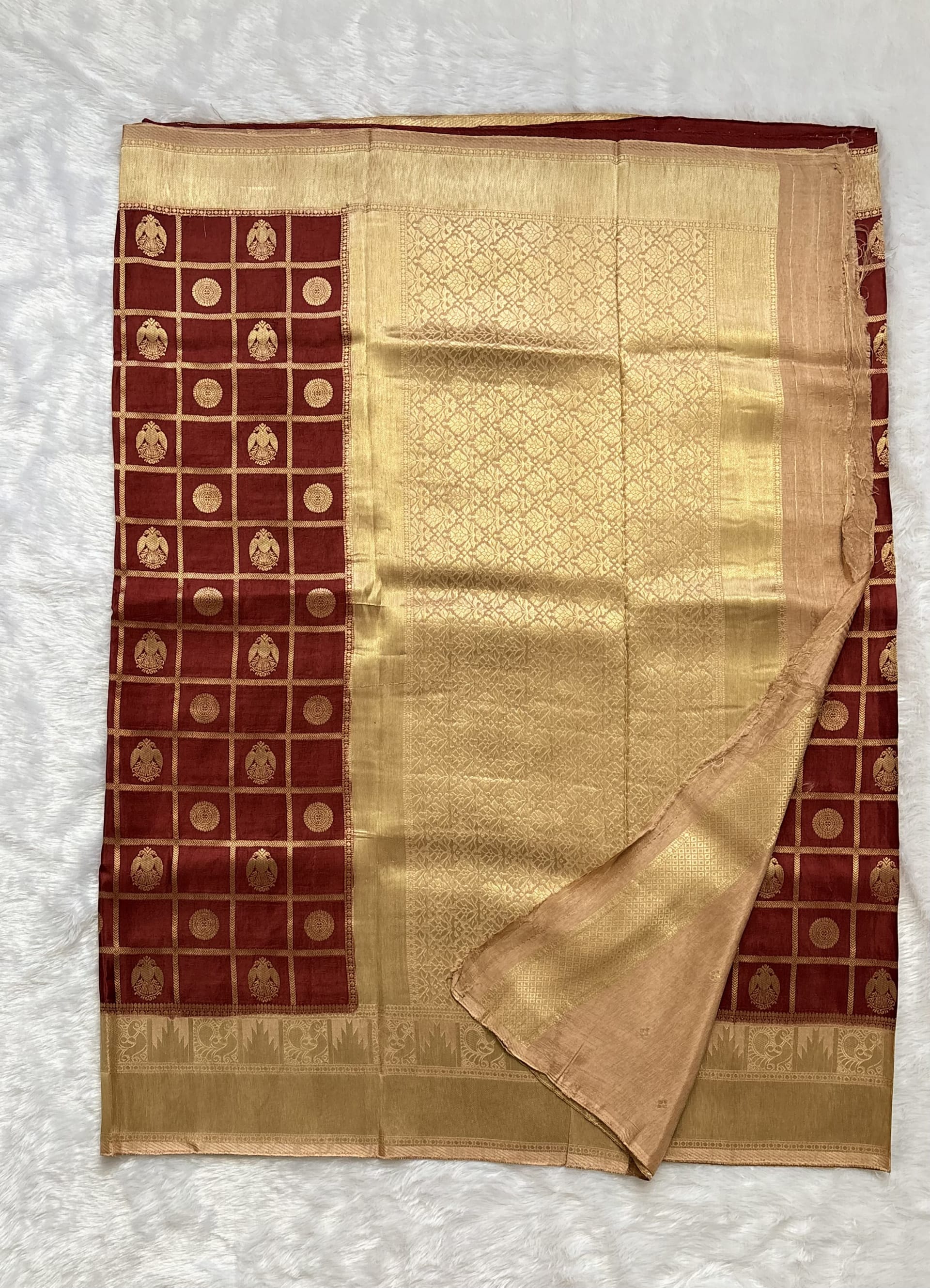 Russian Crepe Saree - Red and Beige — Red/Maroon Banarasi Crepe saree