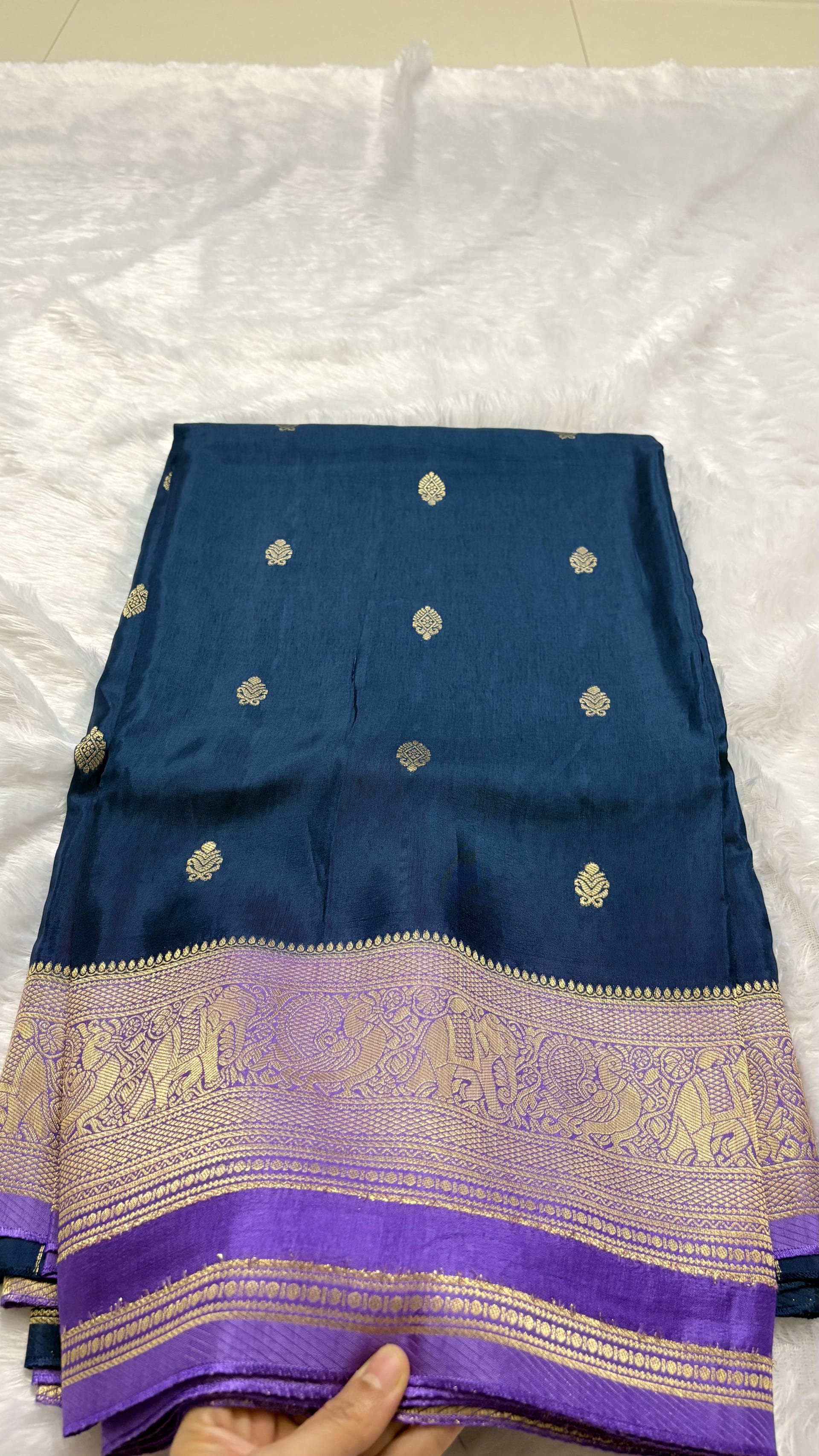Russian Crepe Saree - Teal Blue and Lavender — Blue Banarasi Crepe saree