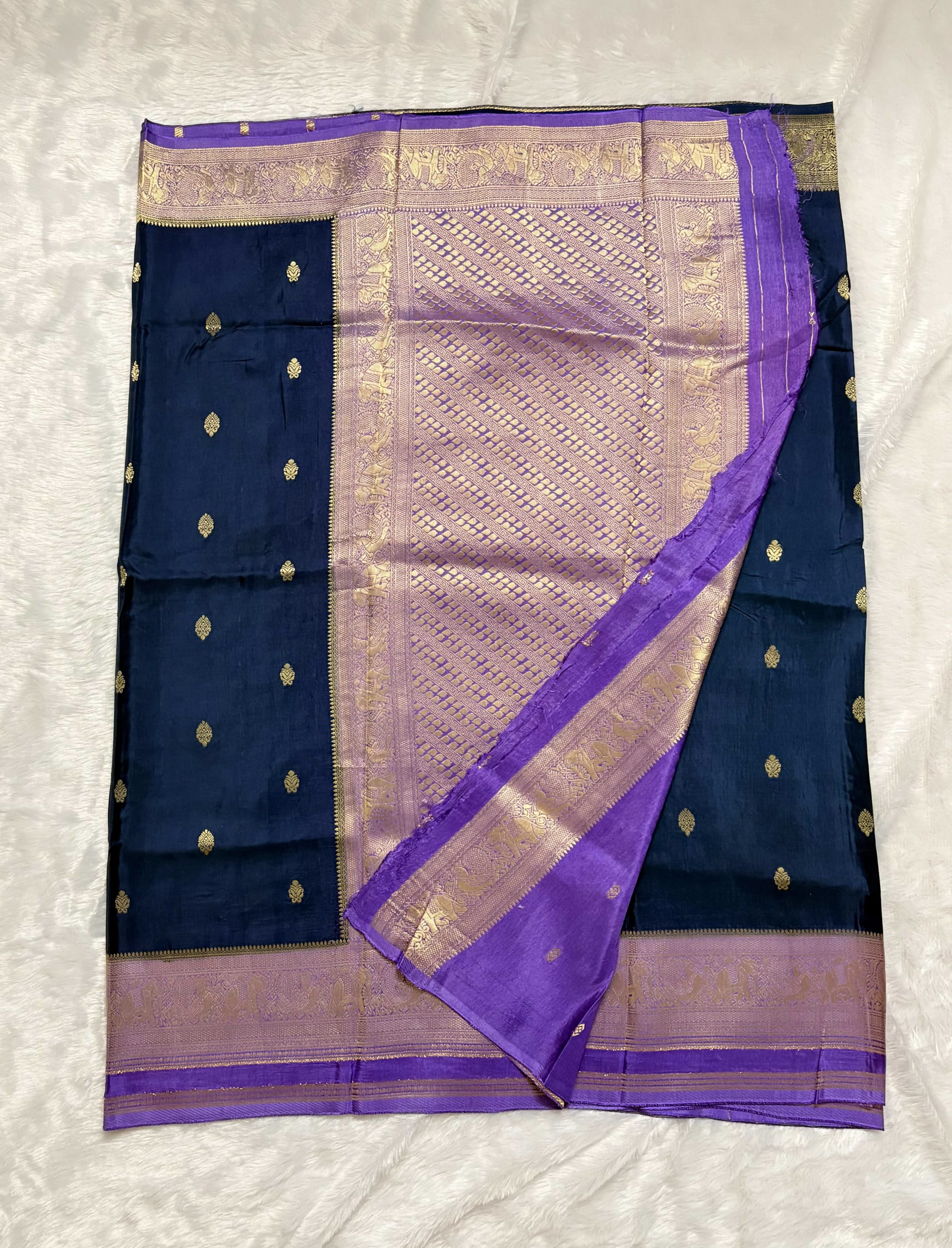 Russian Crepe Saree - Teal Blue and Lavender — Blue Banarasi Crepe saree