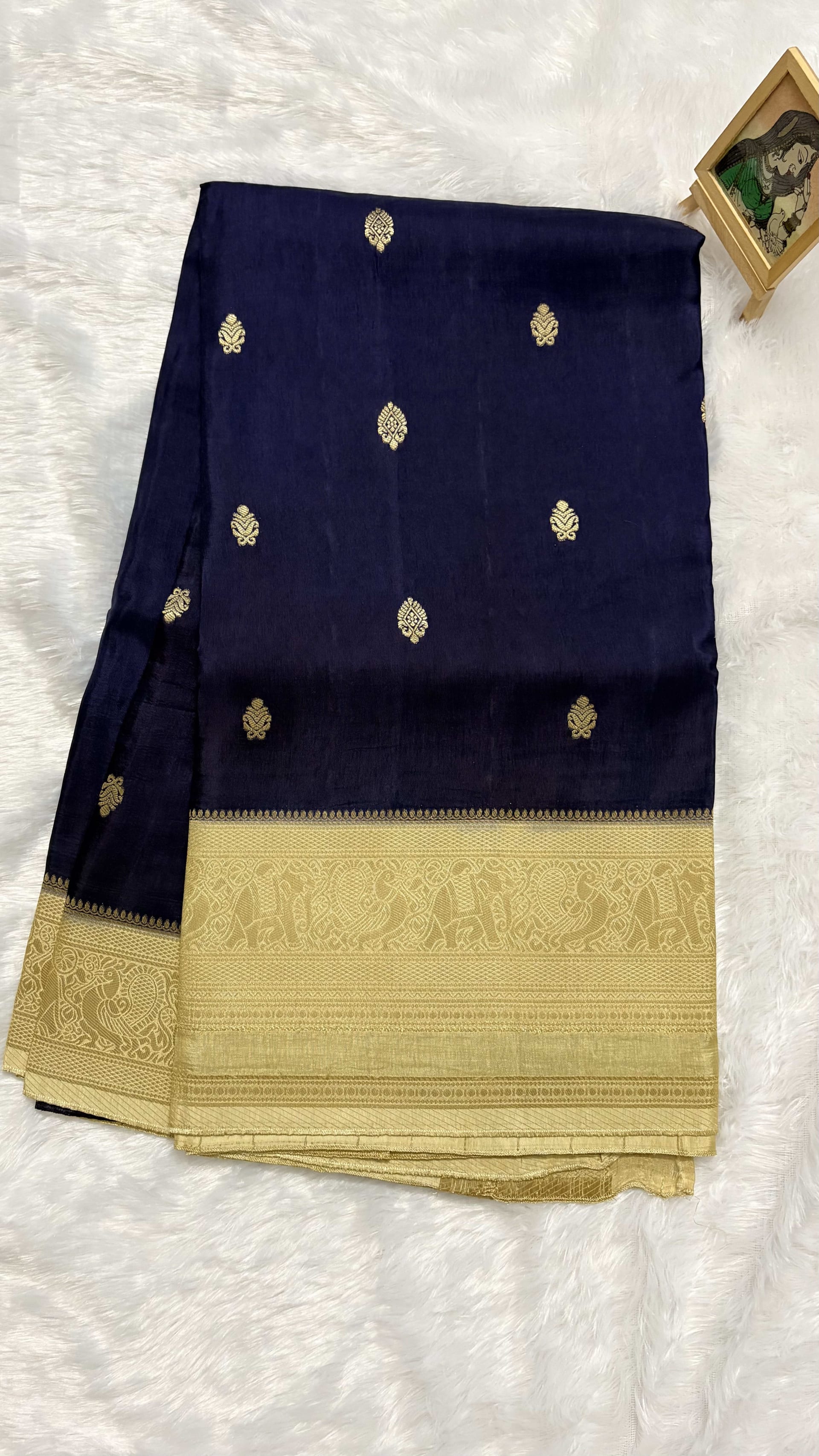 Russian Crepe Saree - Navy blue and Beige — Blue Banarasi Crepe saree