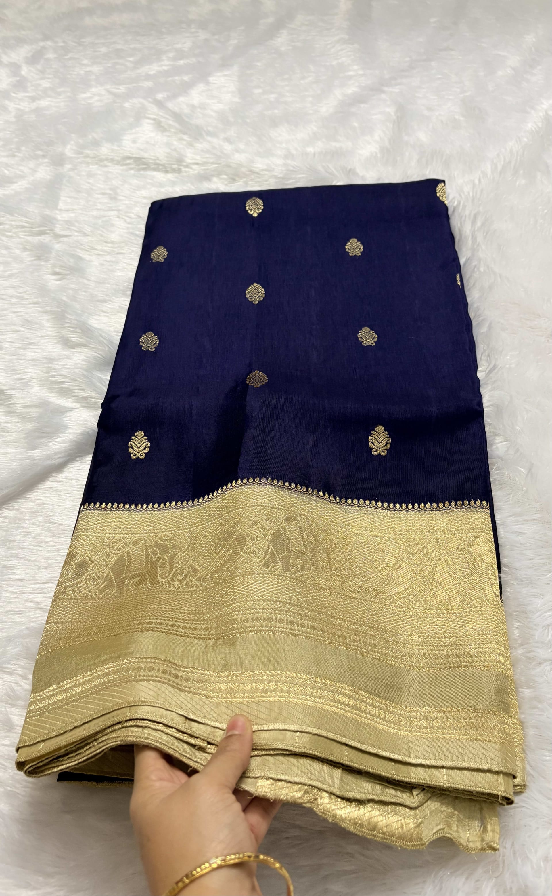 Russian Crepe Saree - Navy blue and Beige — Blue Banarasi Crepe saree