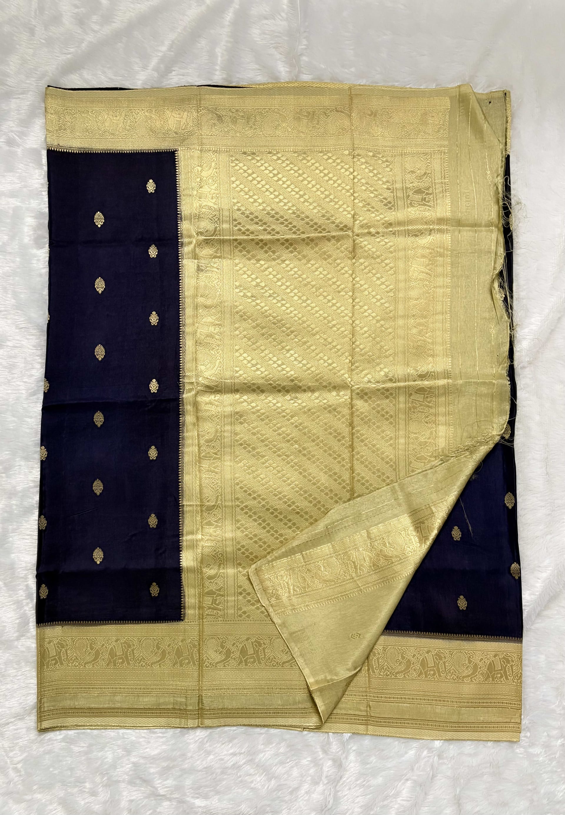 Russian Crepe Saree - Navy blue and Beige — Blue Banarasi Crepe saree