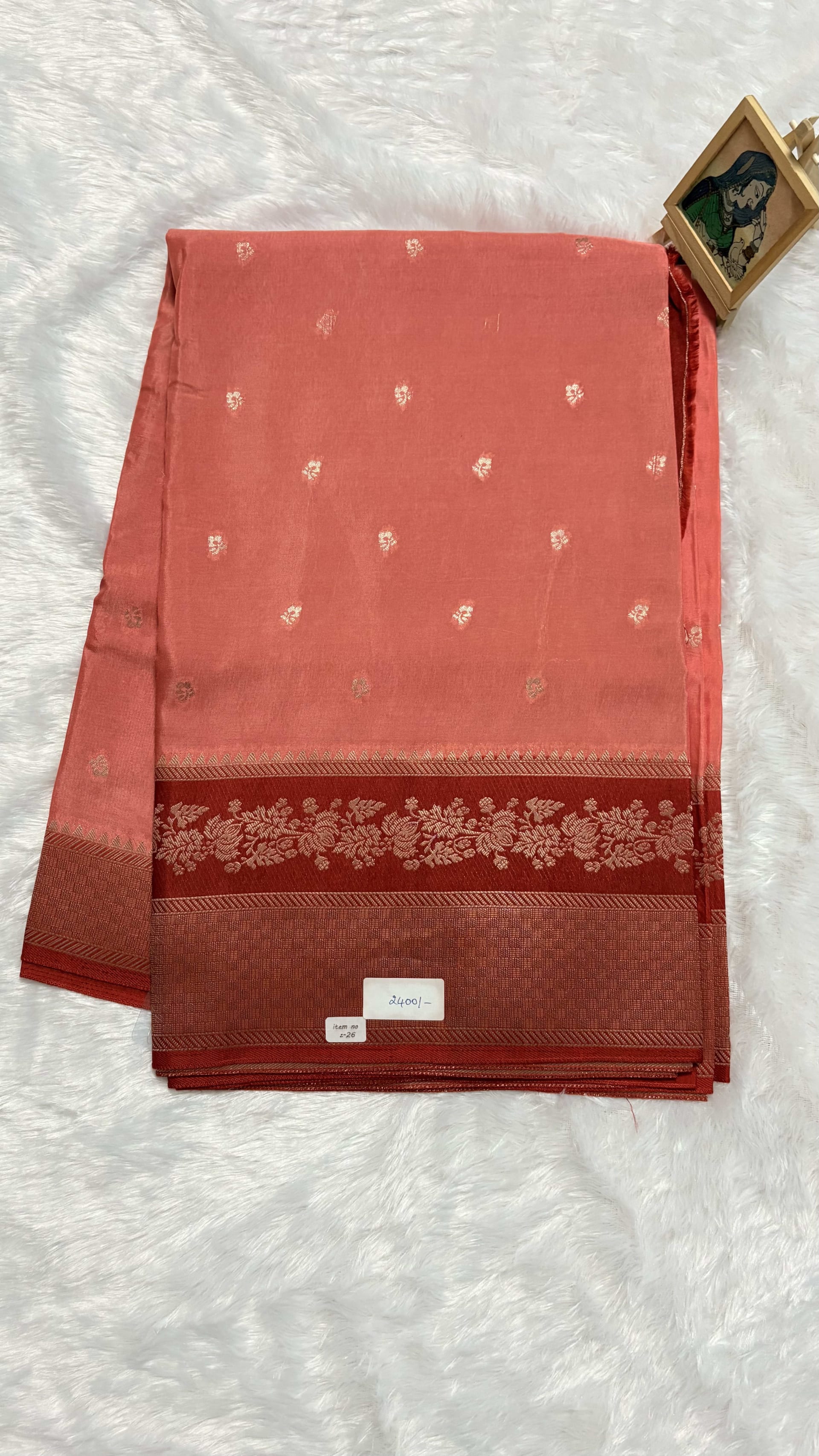 Viscose Silk Saree - Peach and Red — Pink/Peach Banarasi Crepe saree
