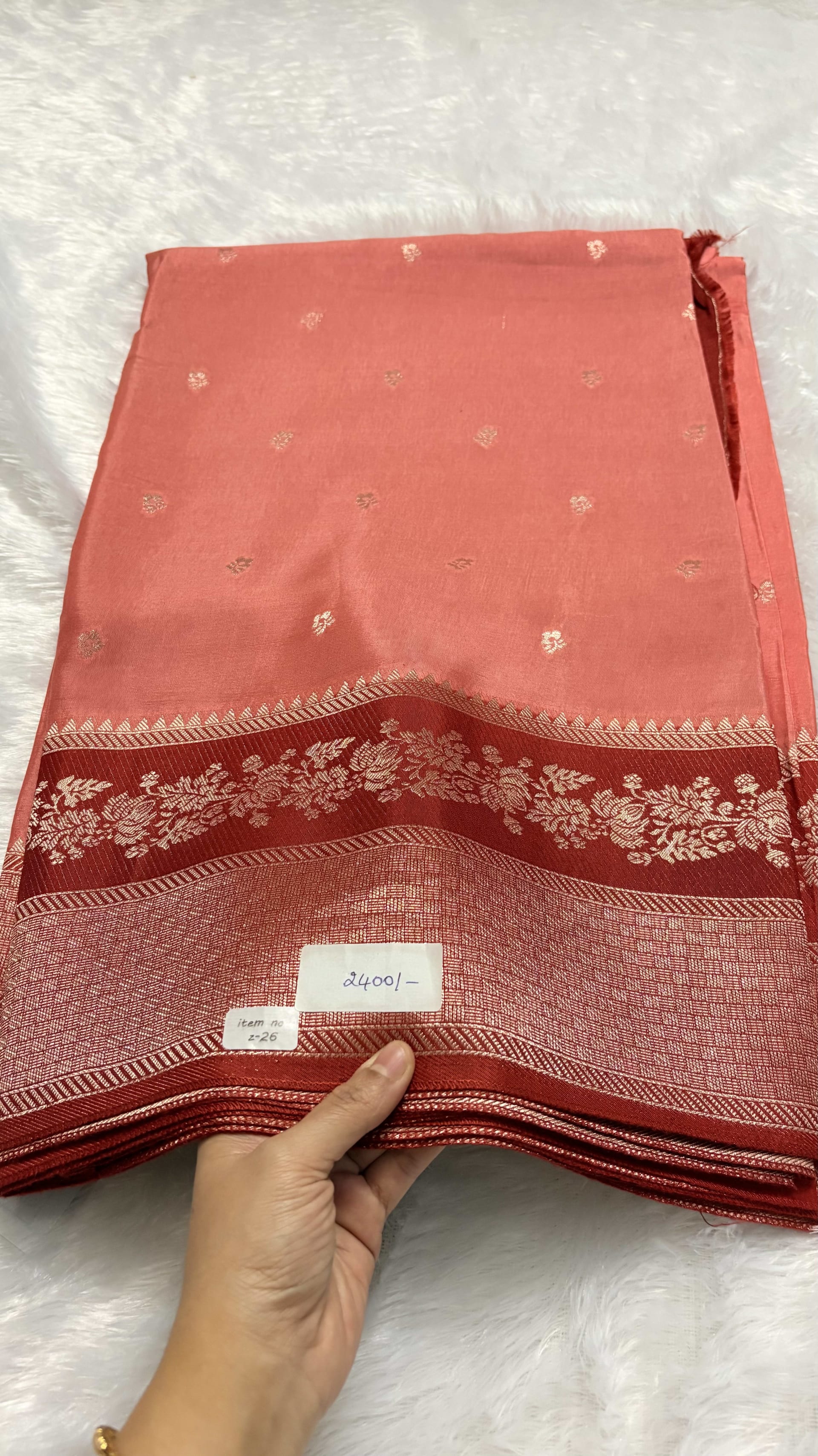 Viscose Silk Saree - Peach and Red — Pink/Peach Banarasi Crepe saree