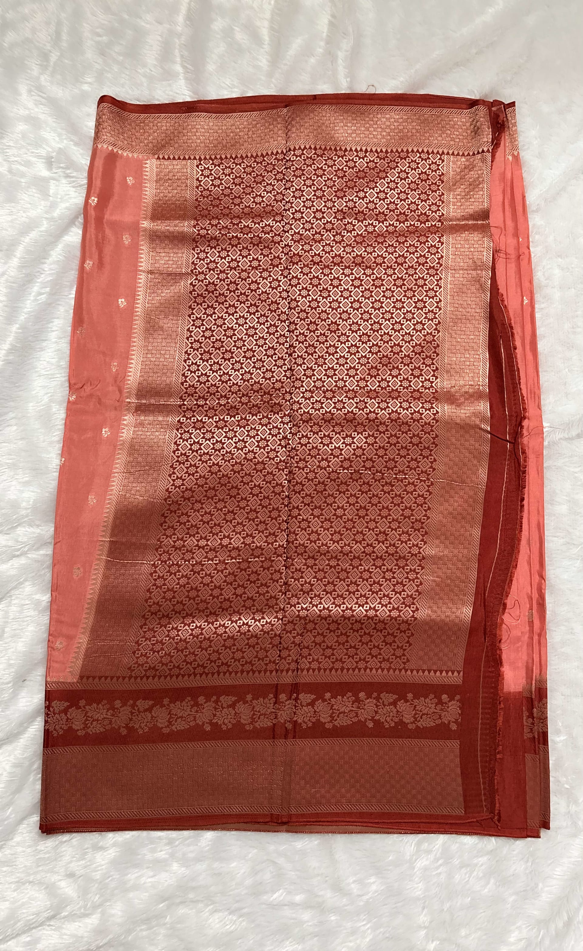 Viscose Silk Saree - Peach and Red — Pink/Peach Banarasi Crepe saree