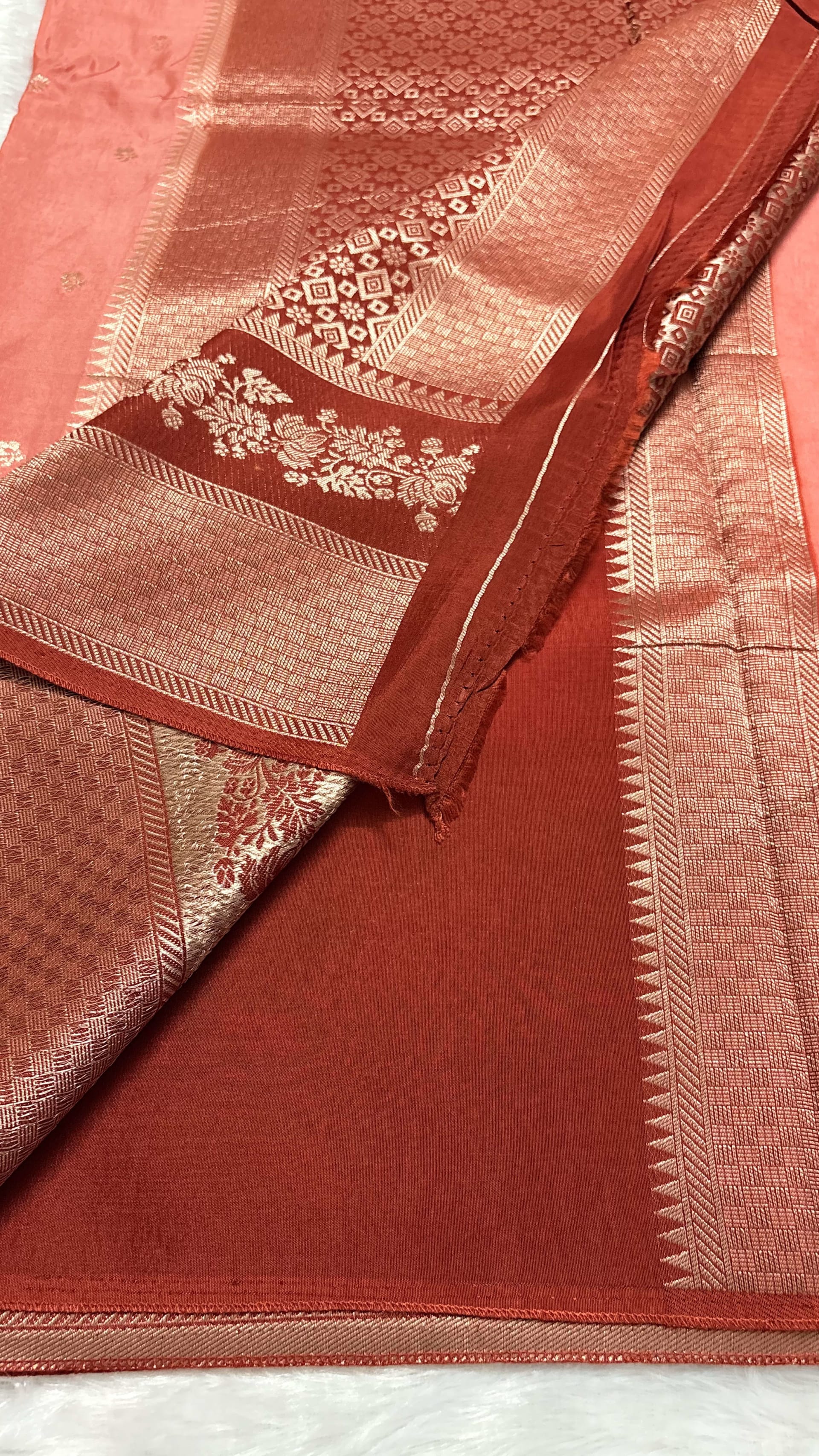 Viscose Silk Saree - Peach and Red — Pink/Peach Banarasi Crepe saree