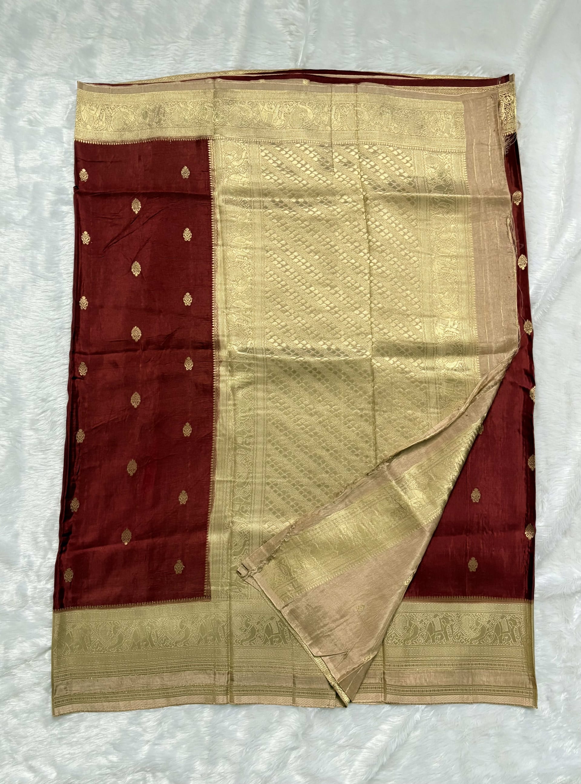 Russian Crepe Saree - Red and Beigee — Red/Maroon Banarasi Crepe saree