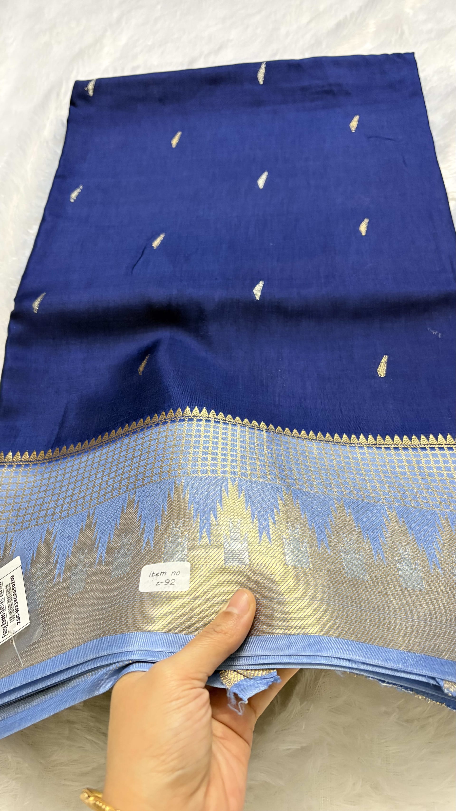 Viscose Silk Saree - Navy and Ice Blue temple — Blue Banarasi Crepe saree
