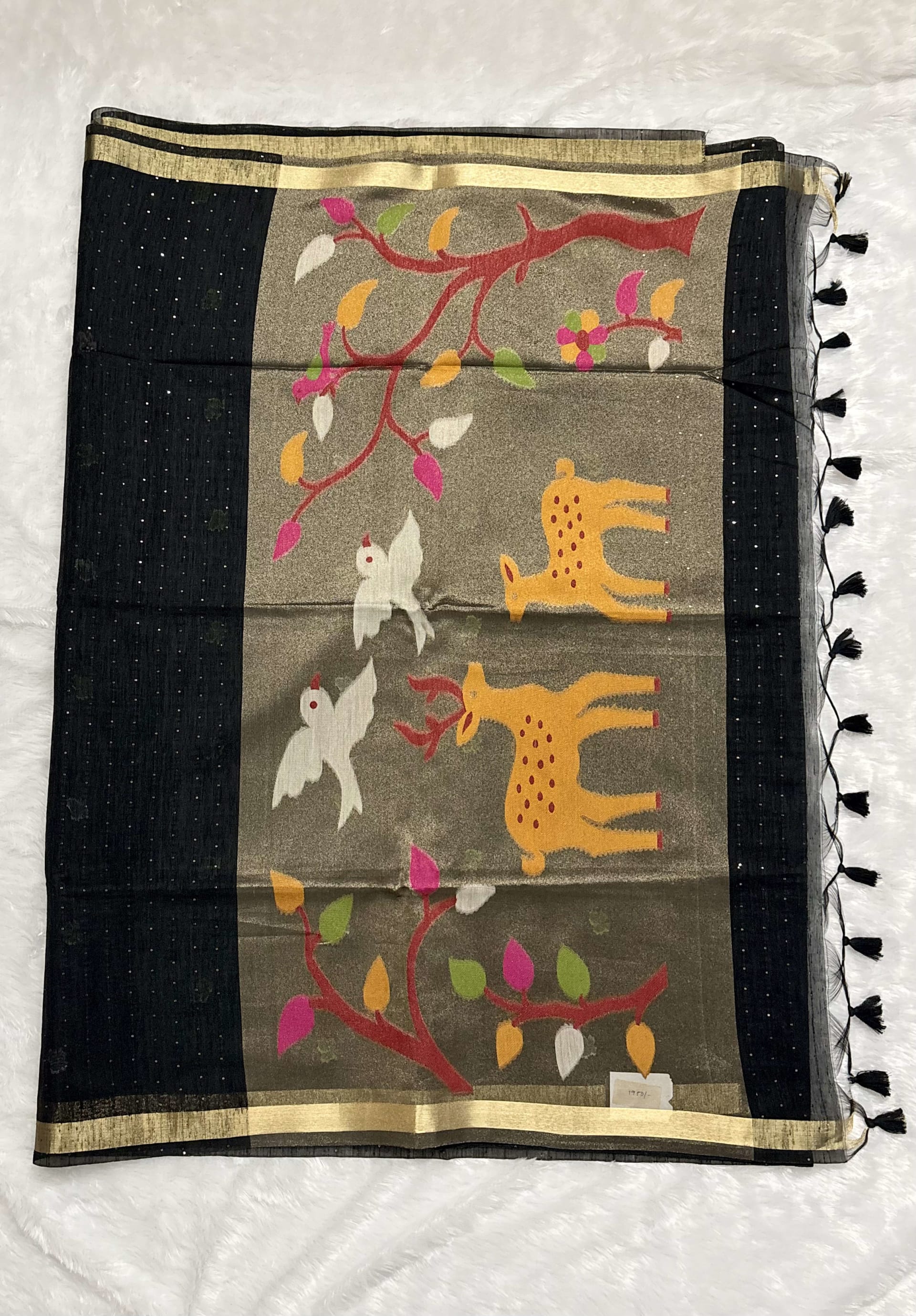 Jute Munga Sarees with Jamdani Pallu Black — Black/Grey Jamdani Jute Munga saree