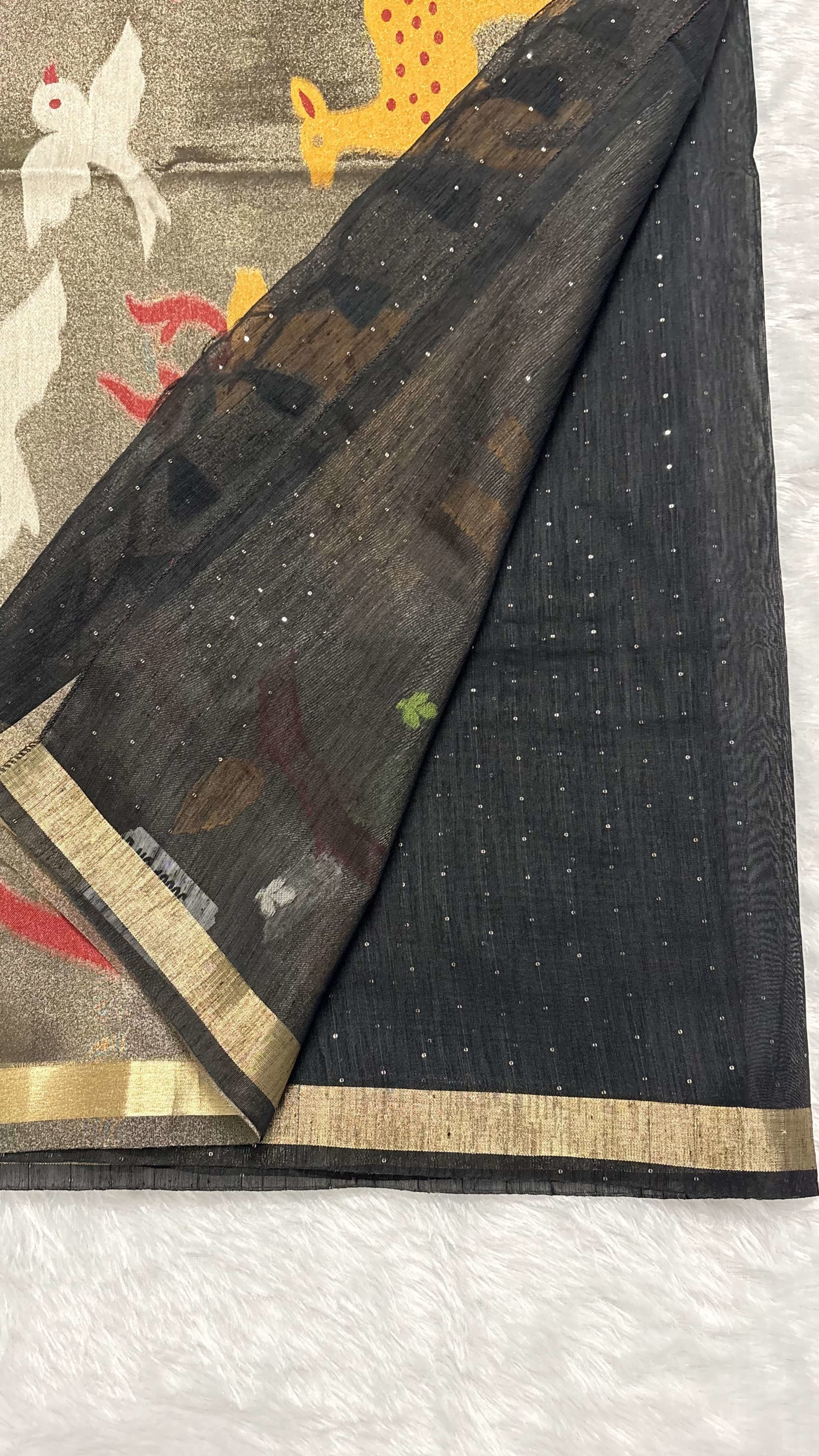 Jute Munga Sarees with Jamdani Pallu Black — Black/Grey Jamdani Jute Munga saree