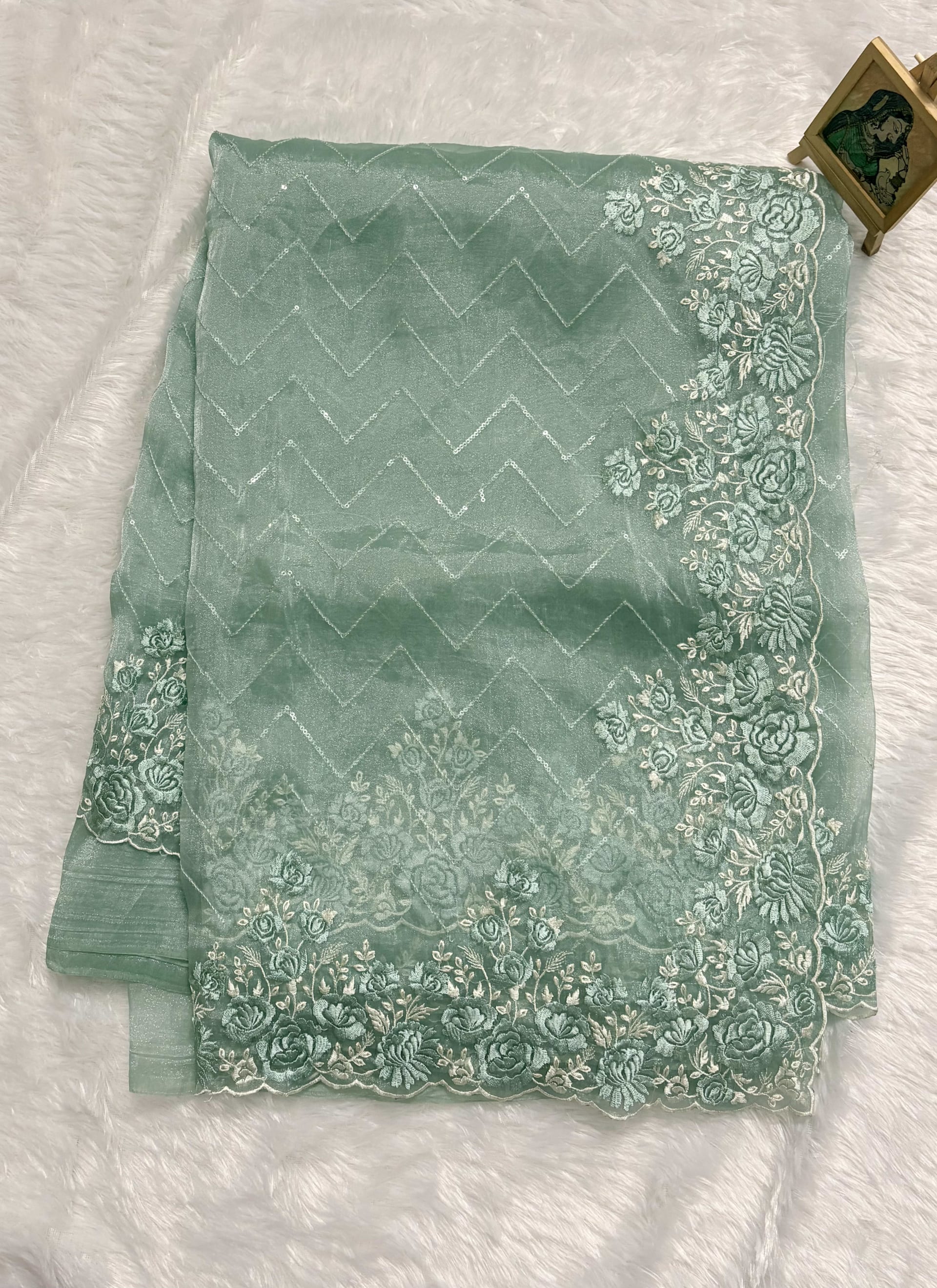 Organza sarees with Embroidery - Green — Green Chanderi Organza saree