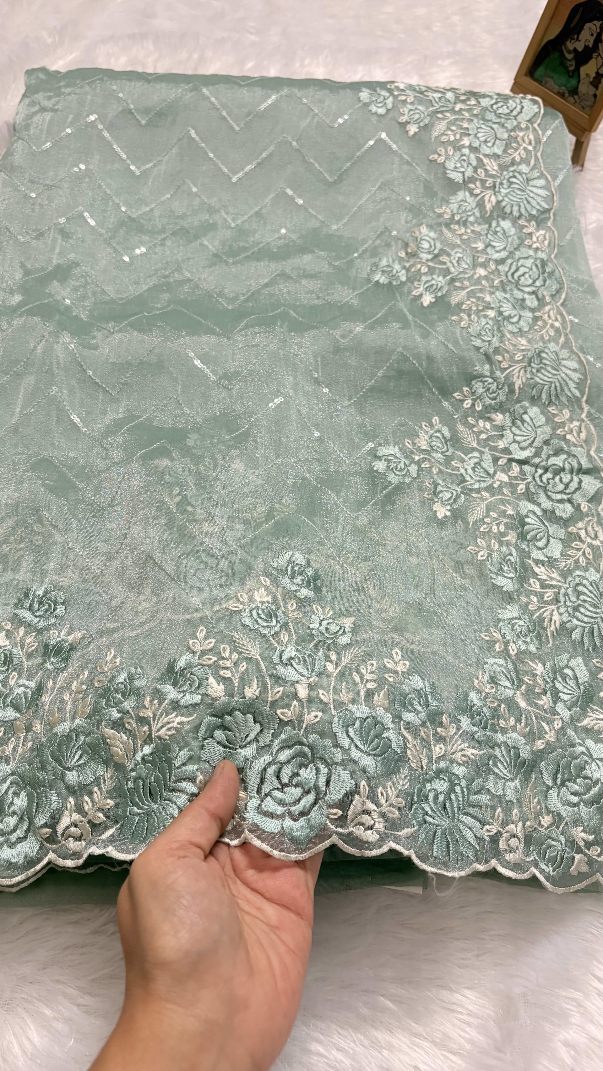Organza sarees with Embroidery - Green — Green Chanderi Organza saree
