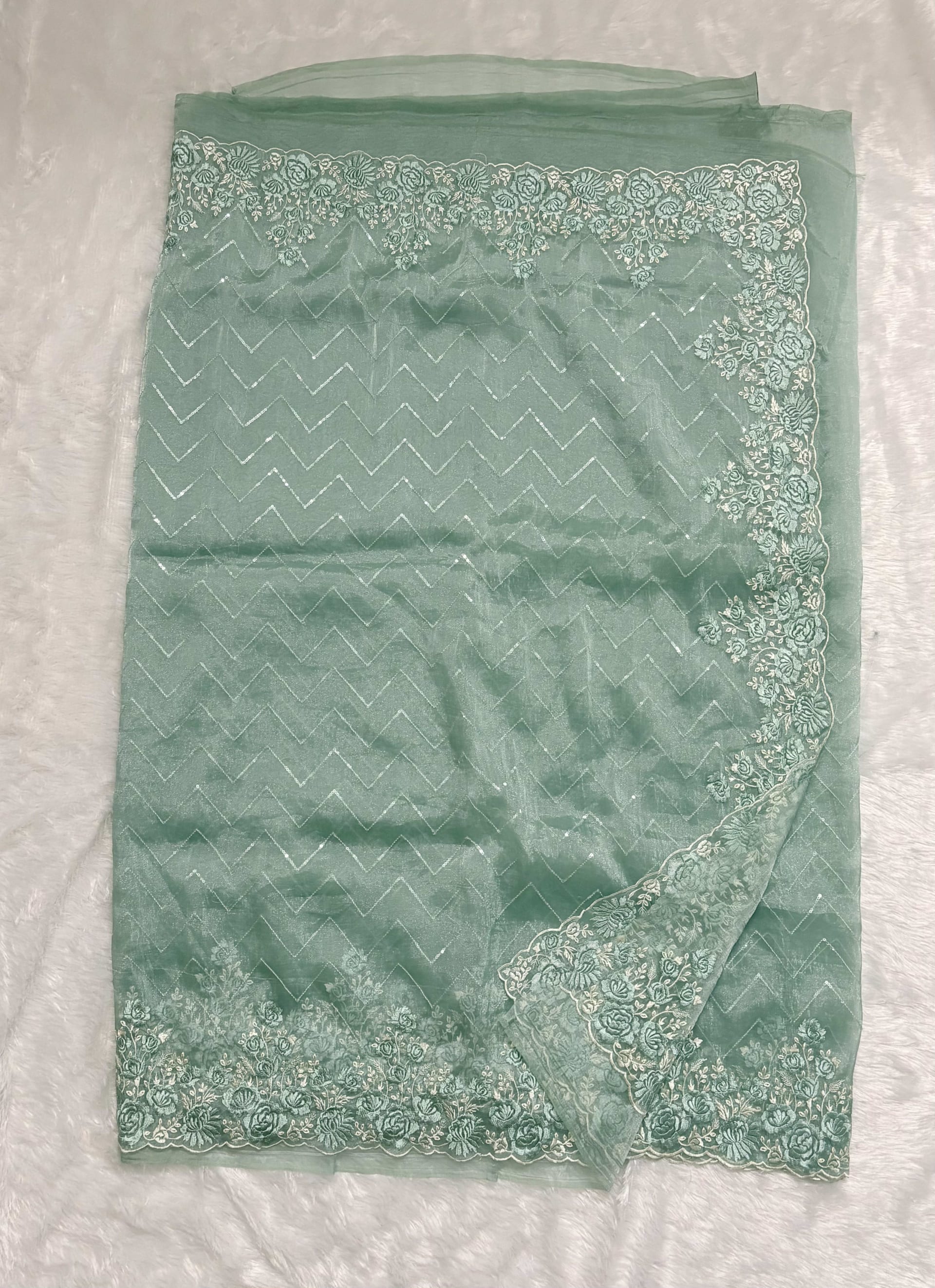 Organza sarees with Embroidery - Green — Green Chanderi Organza saree