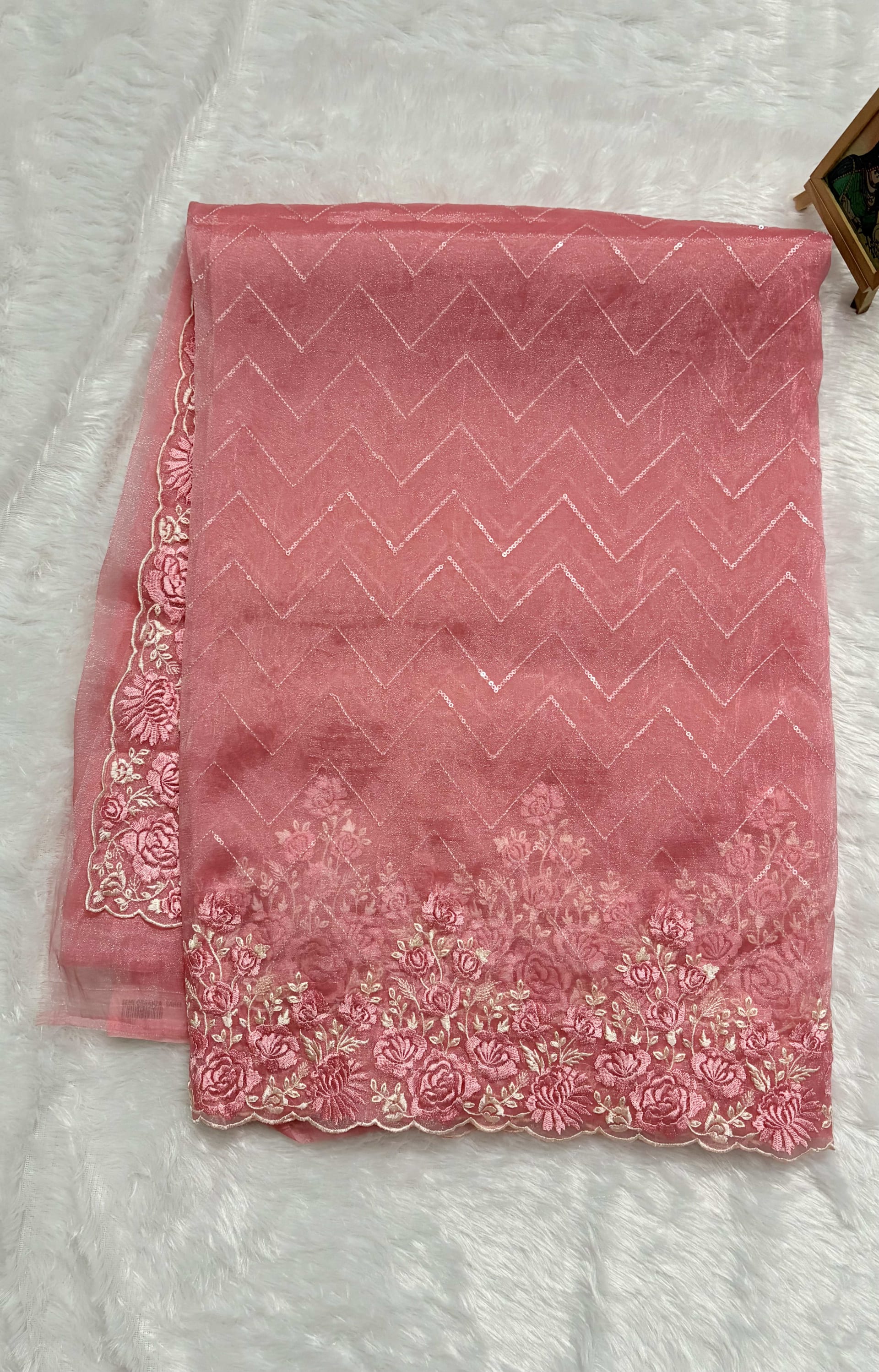 Organza sarees with Embroidery - Pink — Pink/Peach Chanderi Organza saree