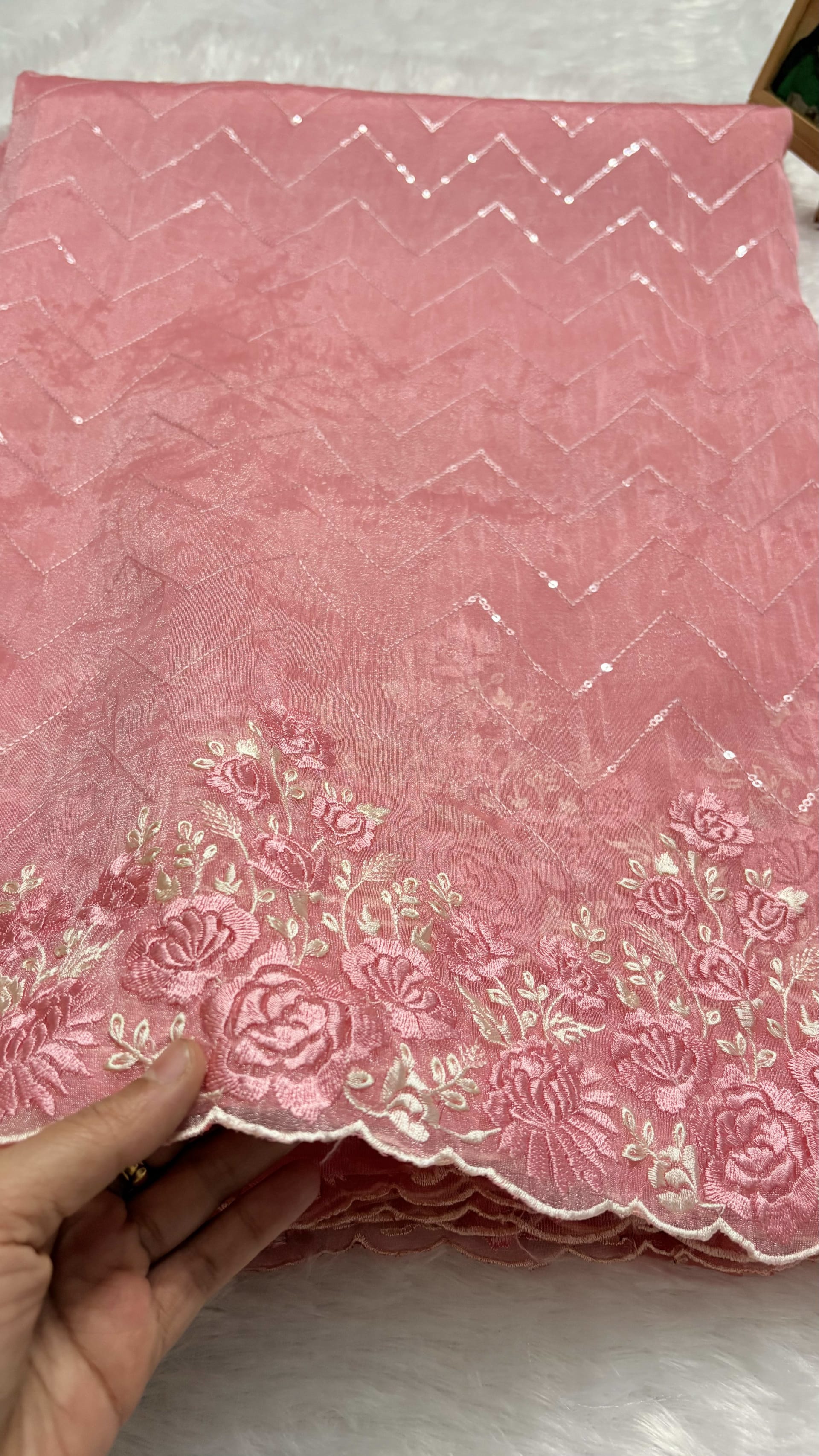 Organza sarees with Embroidery - Pink — Pink/Peach Chanderi Organza saree