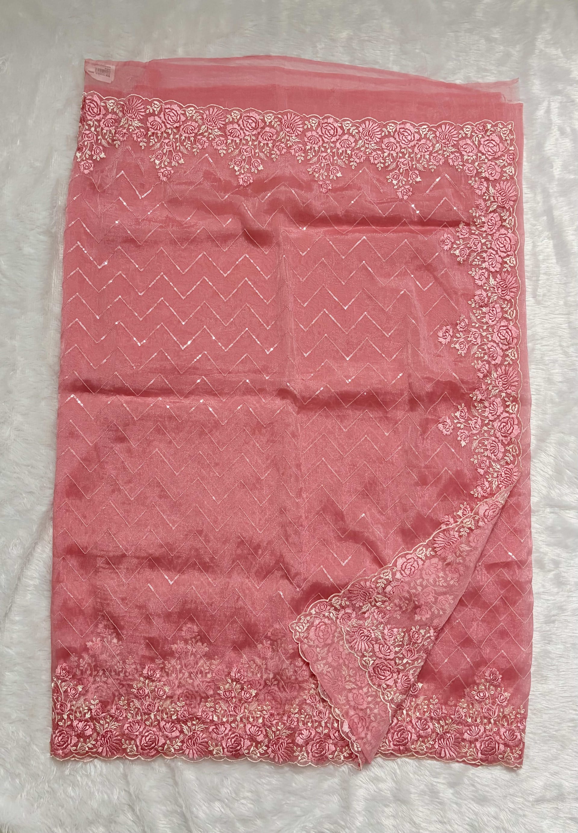 Organza sarees with Embroidery - Pink — Pink/Peach Chanderi Organza saree