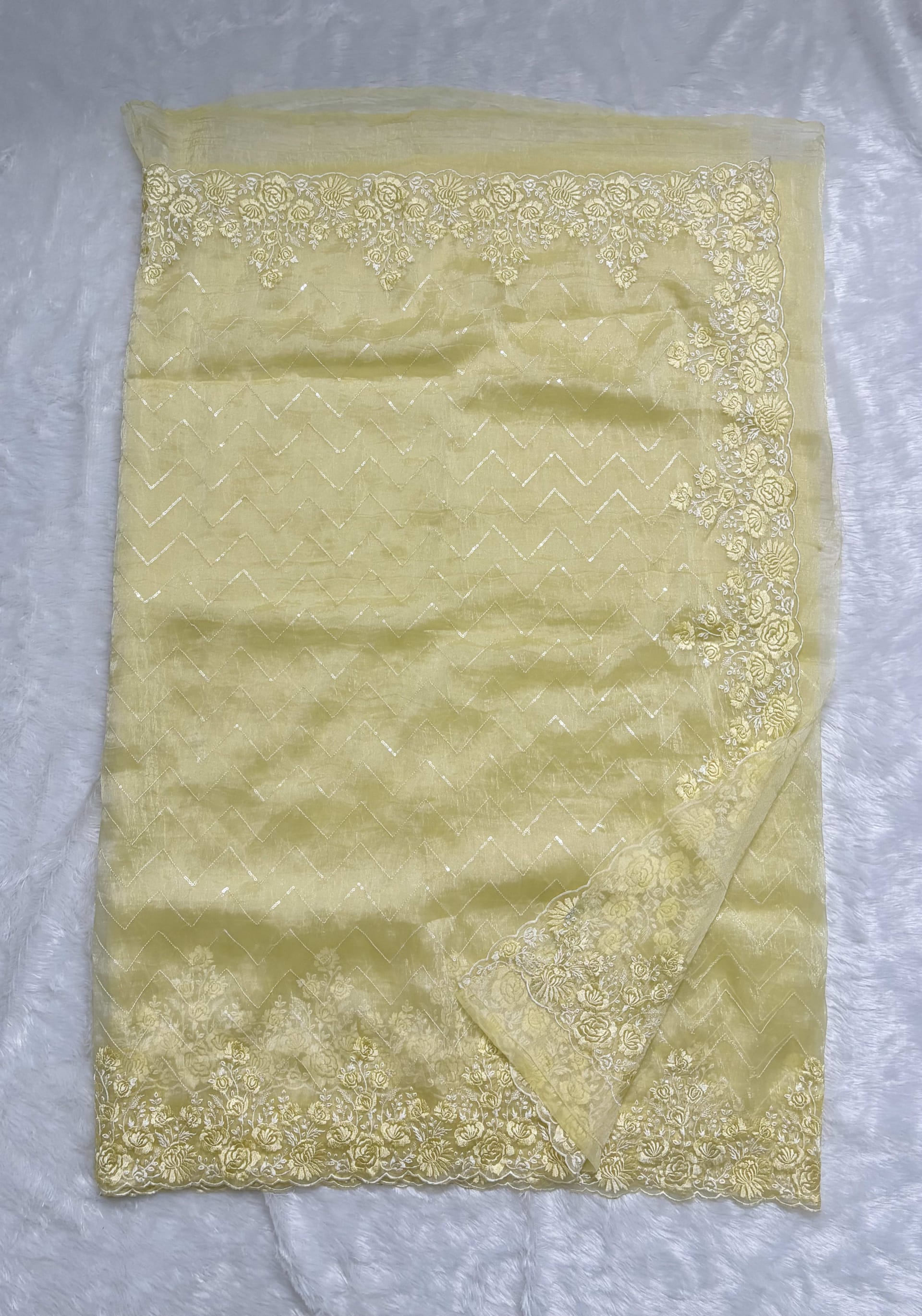 Organza sarees with Embroidery - Lemon Yellow — Yellow Chanderi Organza saree