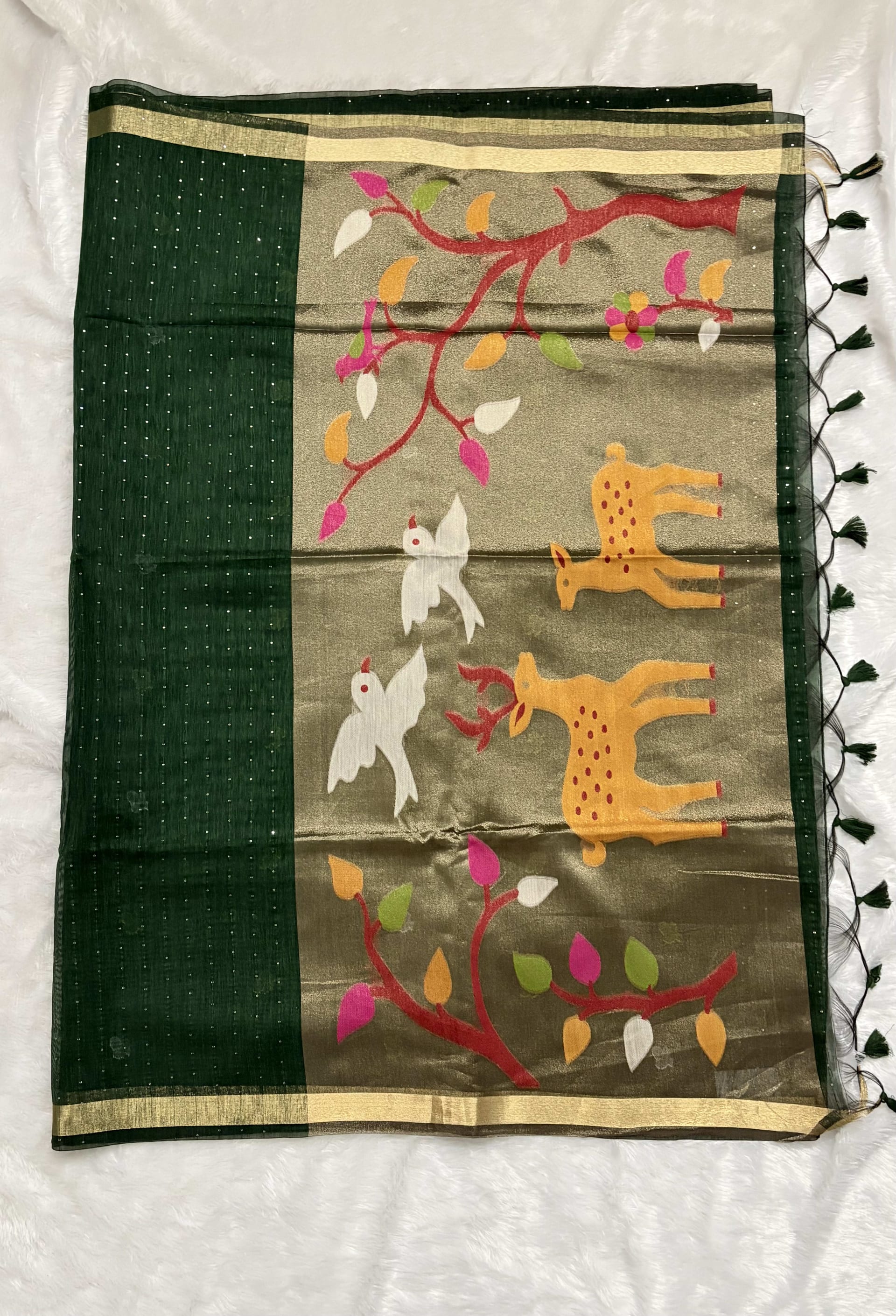 Jute Munga Sarees with Jamdani Pallu Bottle Green — Green Jamdani Jute Munga saree