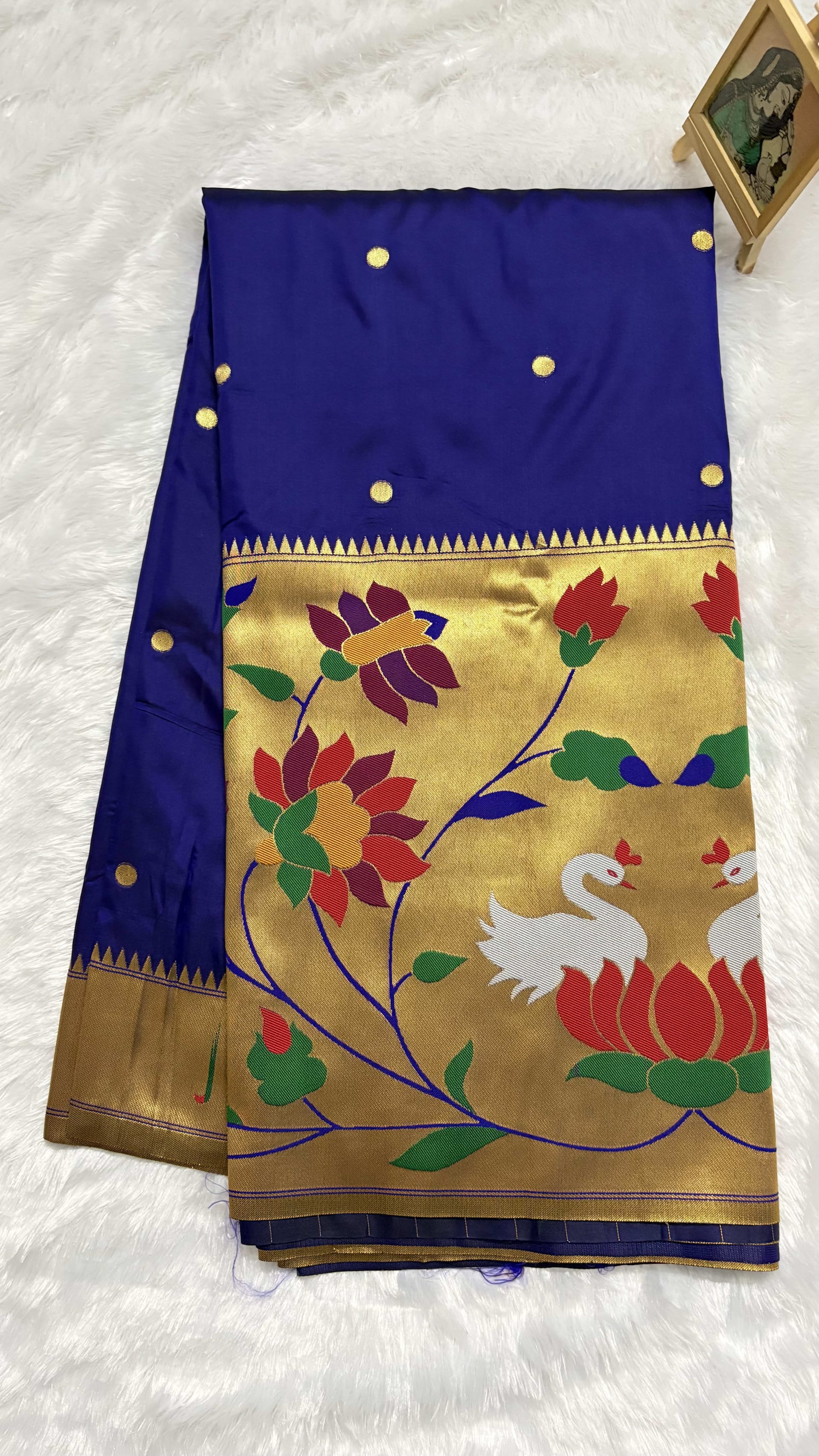 Art silk Sarees with Paithani Skirt Border - Navy blue — Blue Paithani Art Silk saree