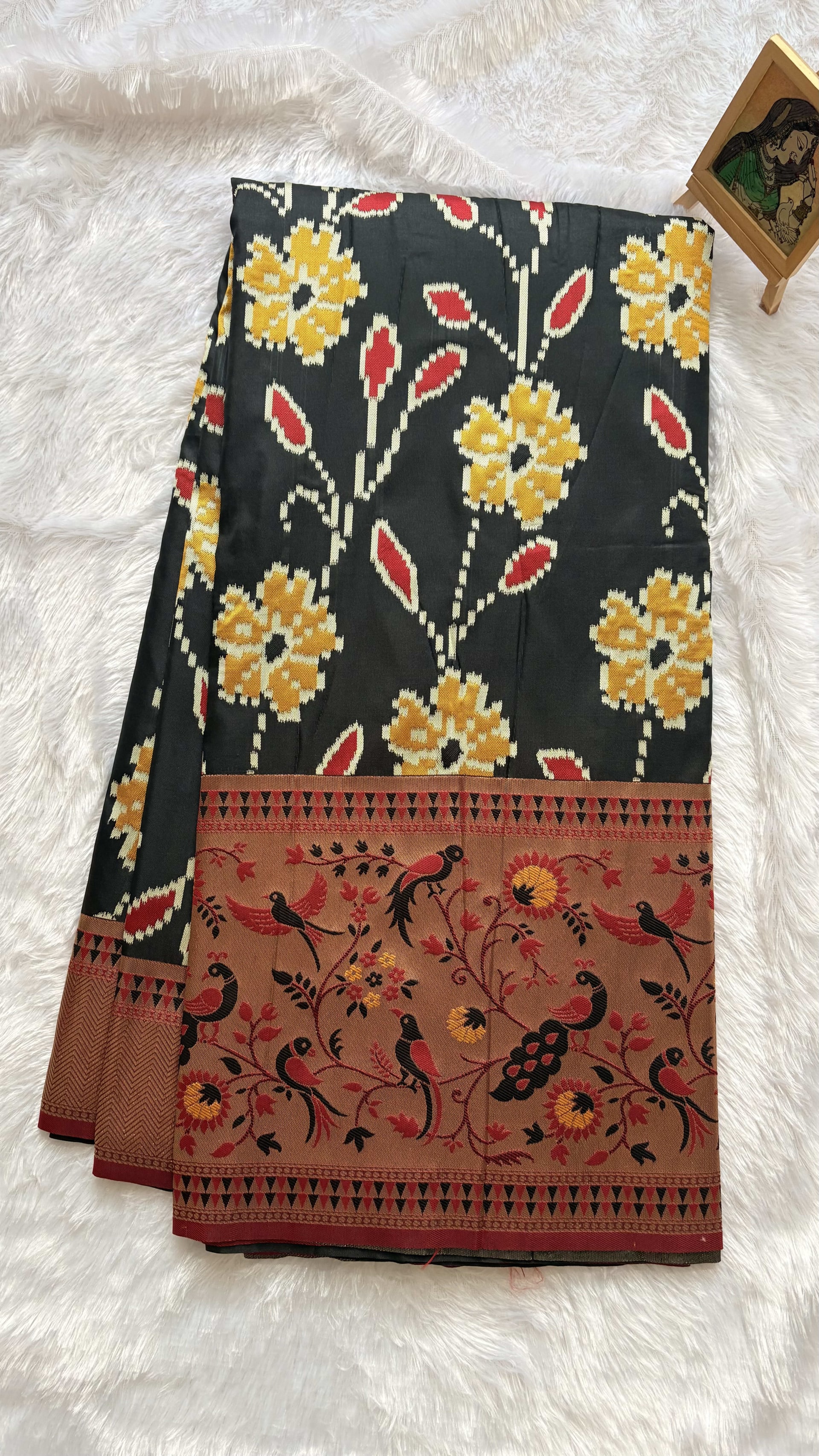 Art silk Sarees with Paithani Border Floral - Black — Black/Grey Paithani Art Silk saree