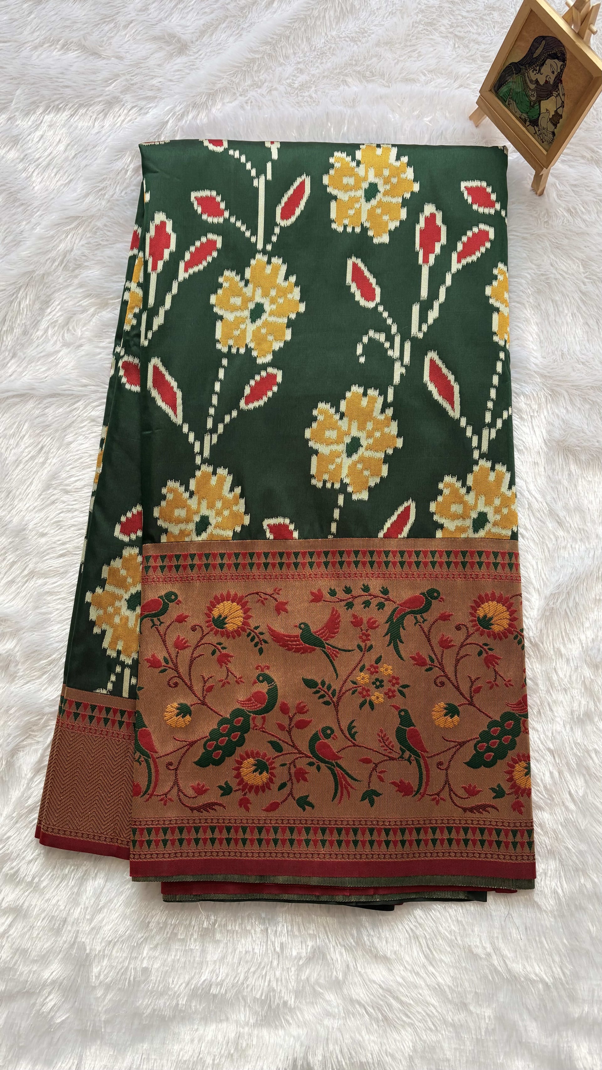 Art silk Sarees with Paithani Border Floral - Green — Green Paithani Art Silk saree