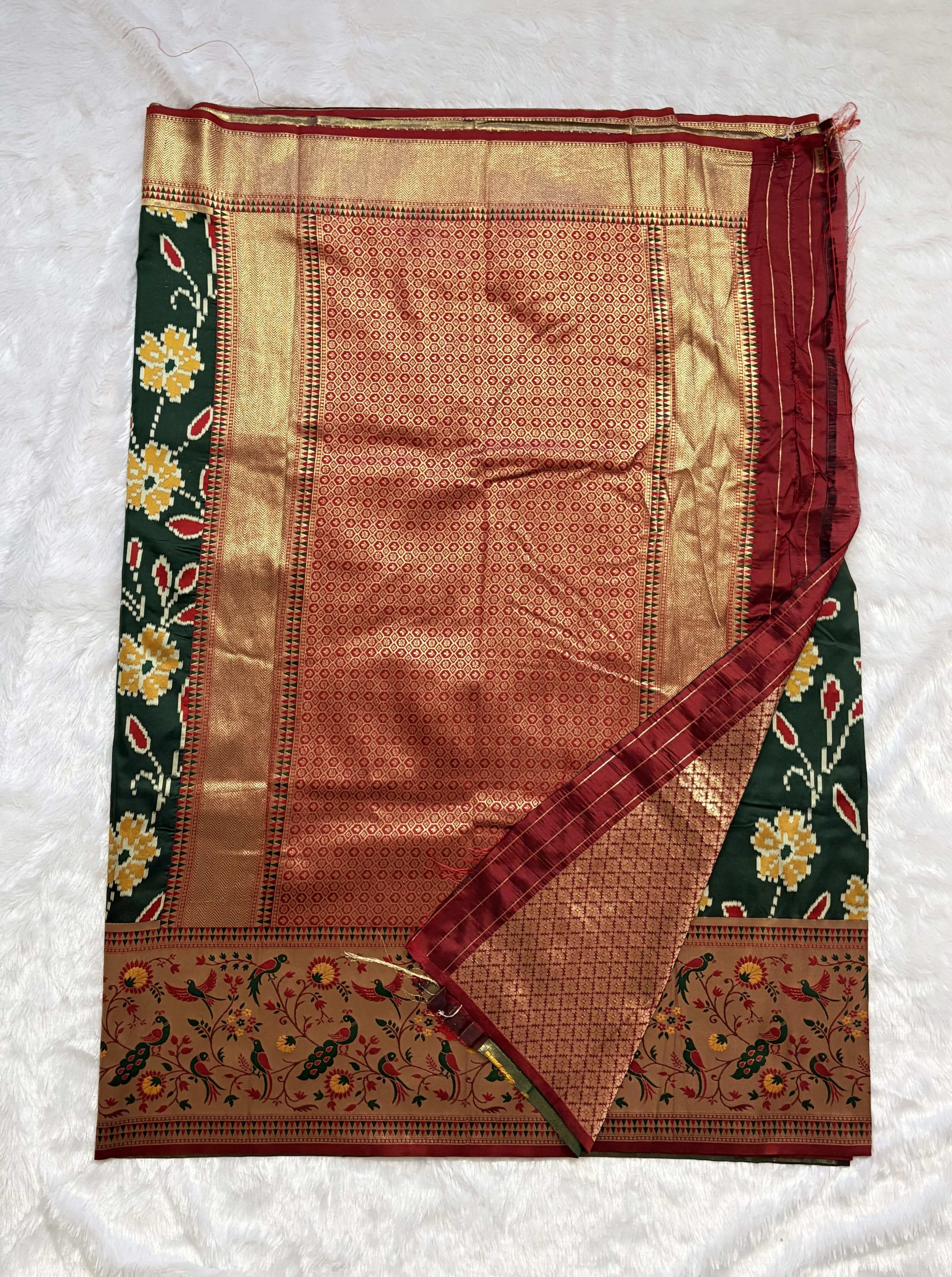 Art silk Sarees with Paithani Border Floral - Green — Green Paithani Art Silk saree