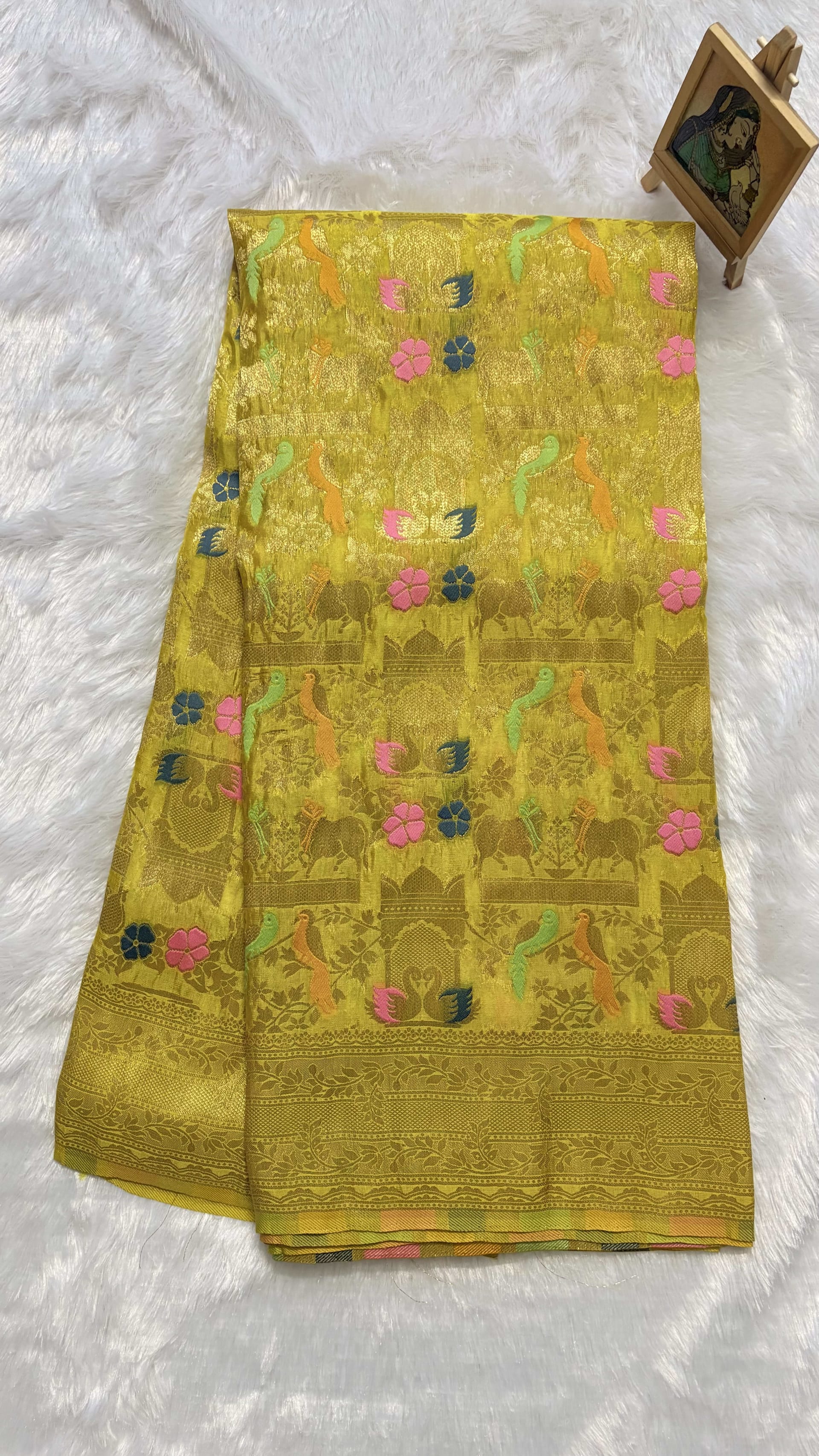 Crepe sarees with all over weaving Yellow — Yellow Banarasi Crepe saree