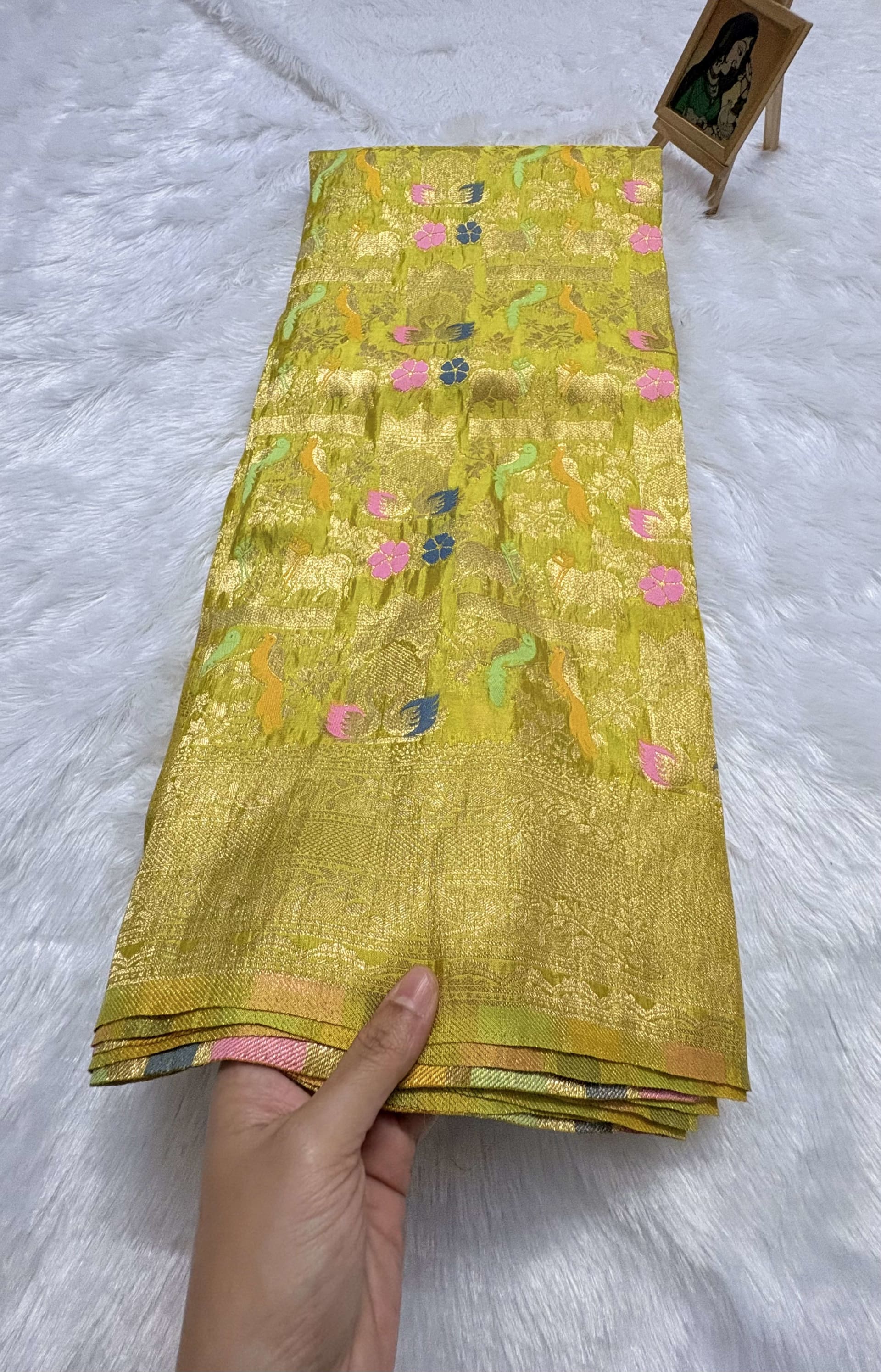 Crepe sarees with all over weaving Yellow — Yellow Banarasi Crepe saree