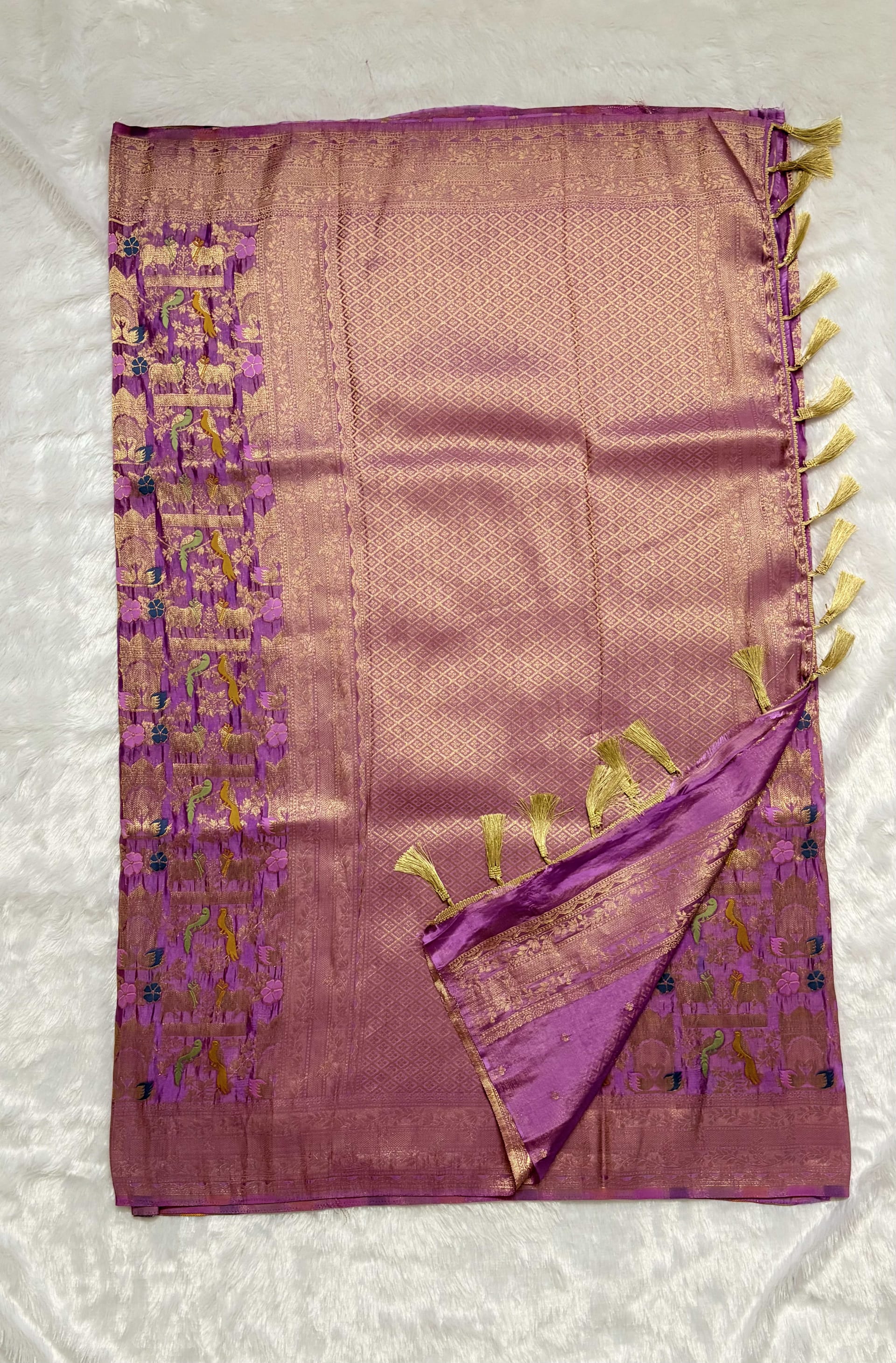 Crepe sarees with all over weaving Onion pink — Pink/Peach Banarasi Crepe saree