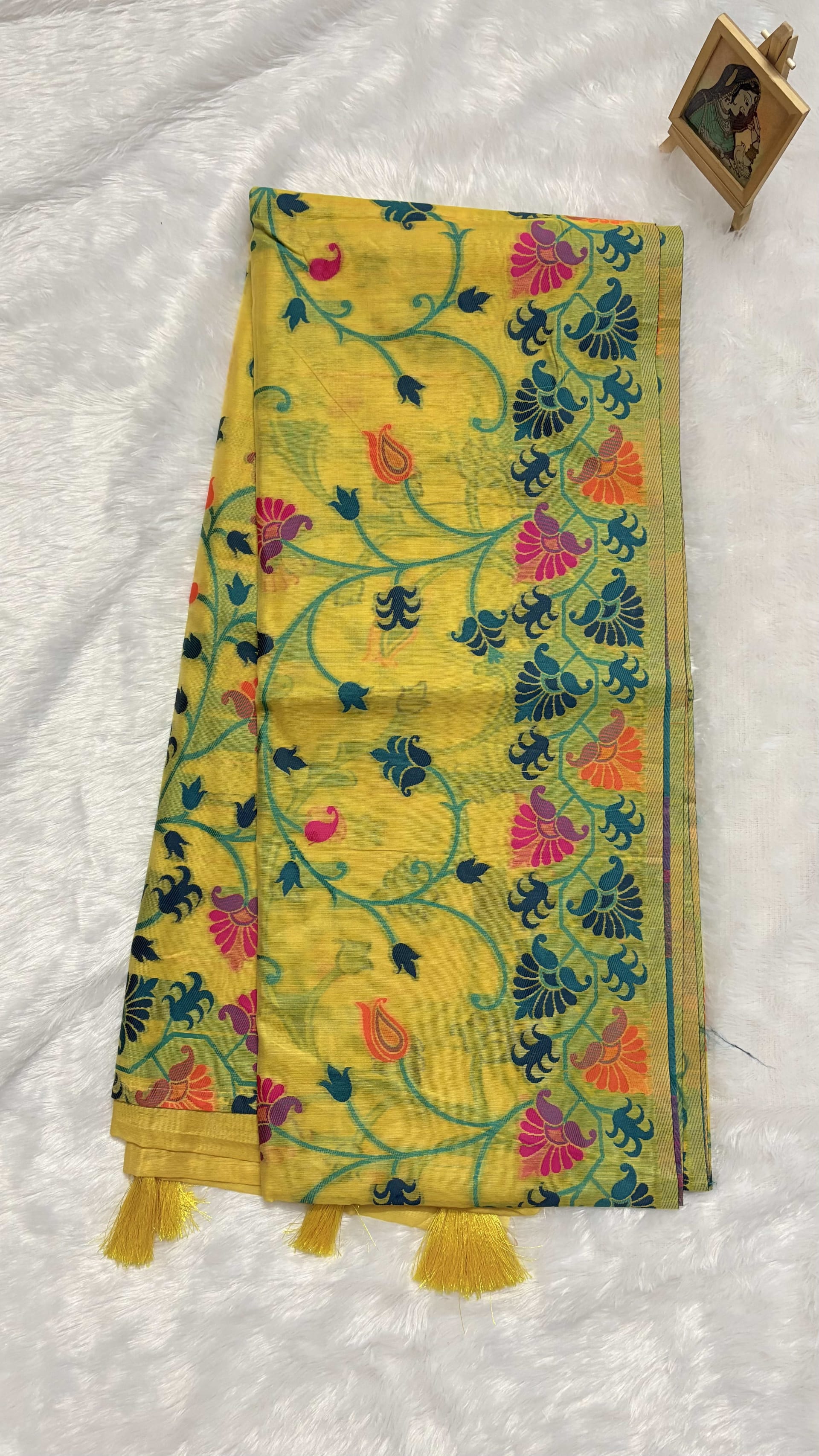 Linen Cotton saree with all over Jamdani weave - Yellow — Yellow Jamdani Linen saree