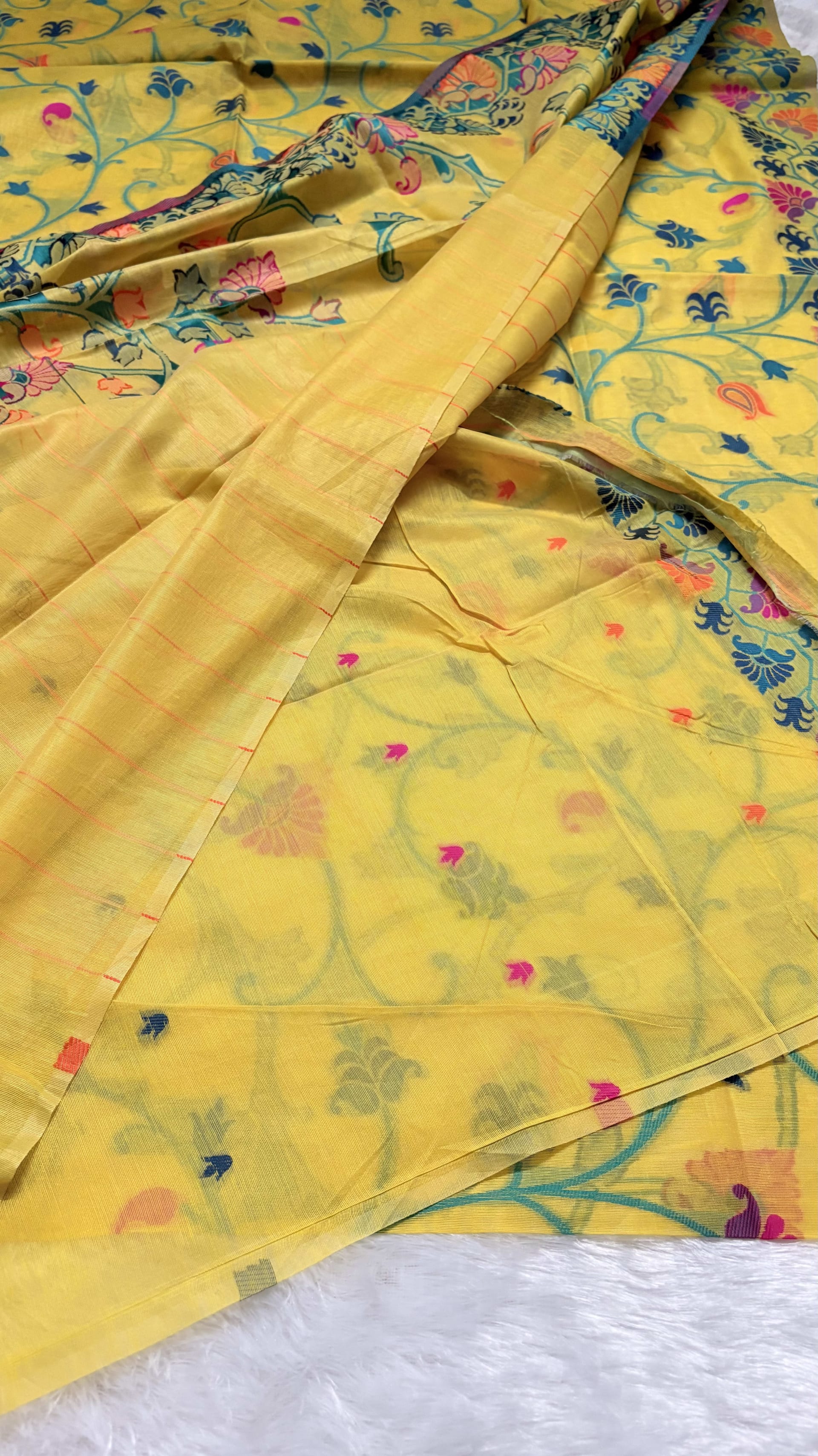 Linen Cotton saree with all over Jamdani weave - Yellow — Yellow Jamdani Linen saree