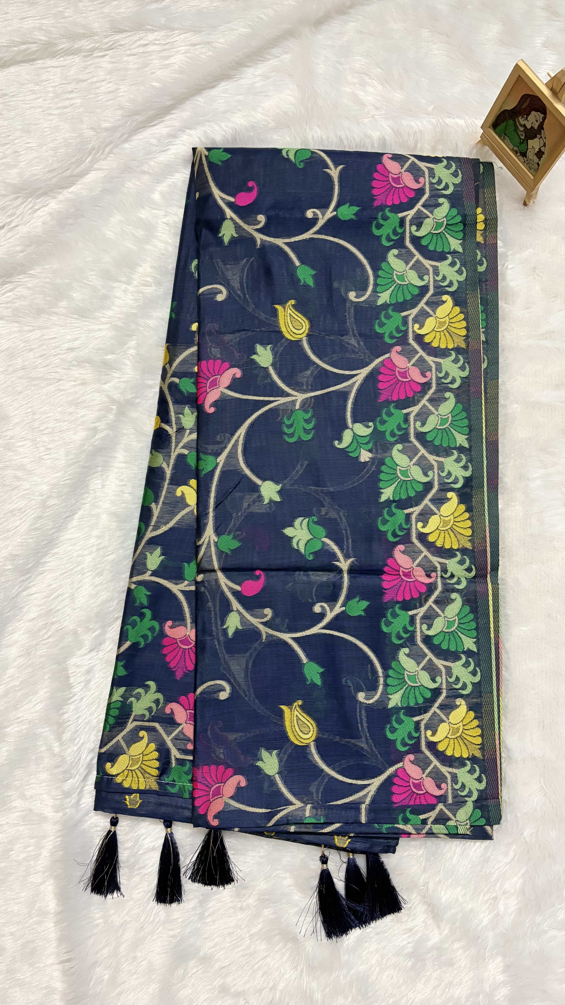 Linen Cotton saree with all over Jamdani weave - Navy blue — Blue Jamdani Linen saree