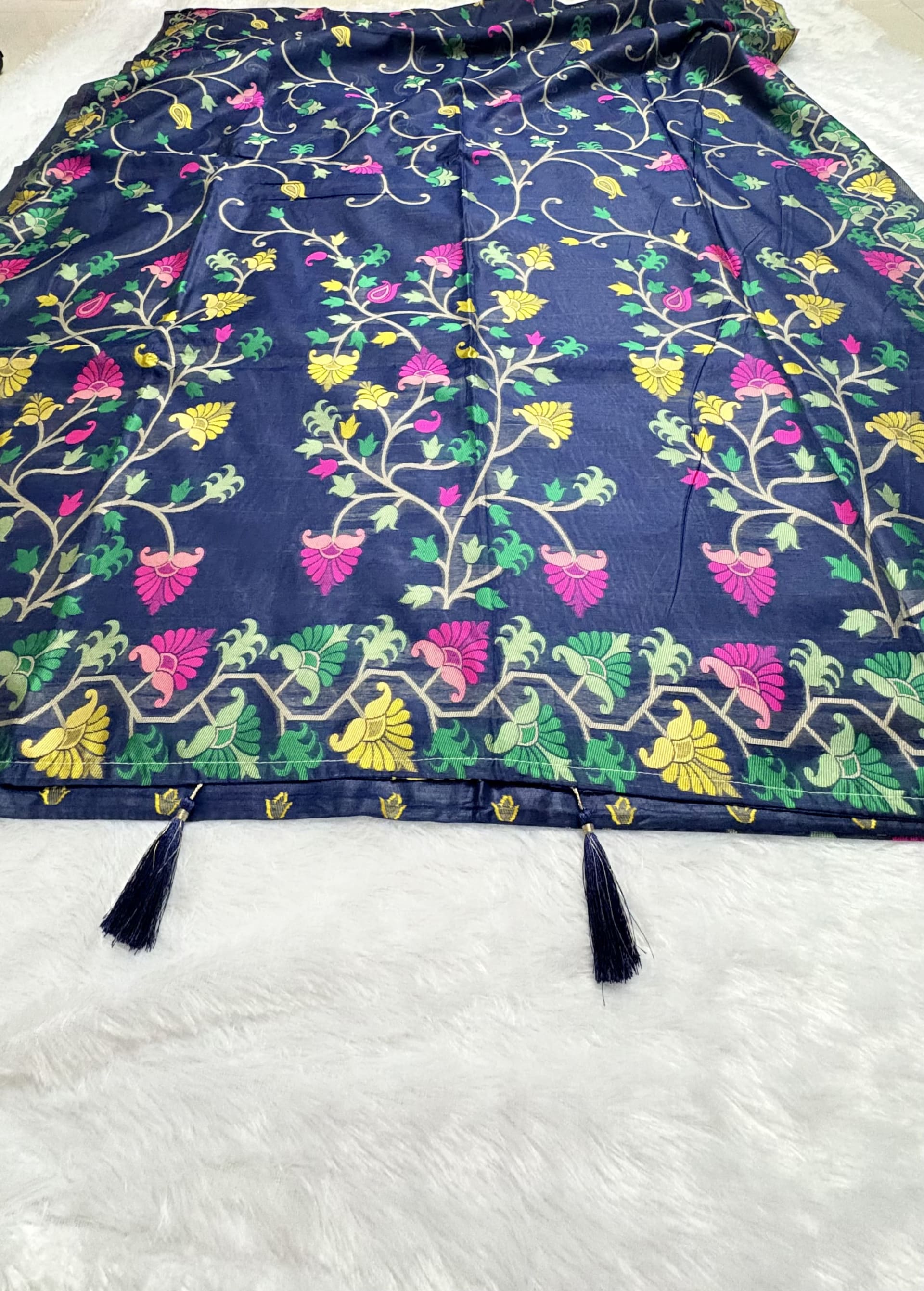 Linen Cotton saree with all over Jamdani weave - Navy blue — Blue Jamdani Linen saree
