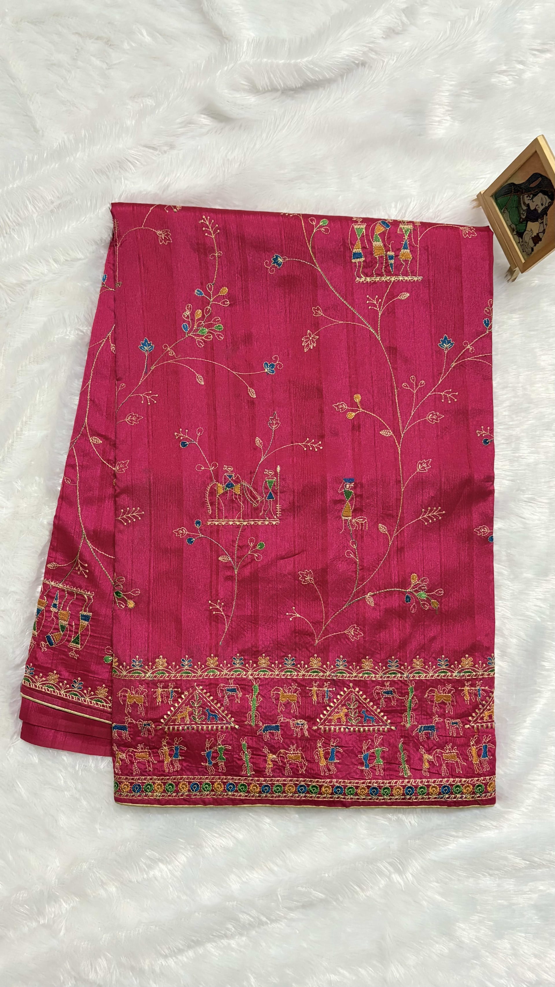 Semi Tussar saree with all over Embriodery work - Pink — Pink/Peach Chanderi Tussar saree