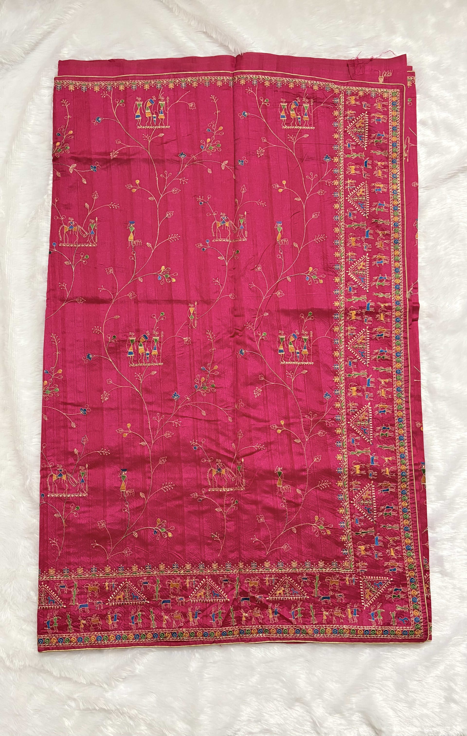 Semi Tussar saree with all over Embriodery work - Pink — Pink/Peach Chanderi Tussar saree