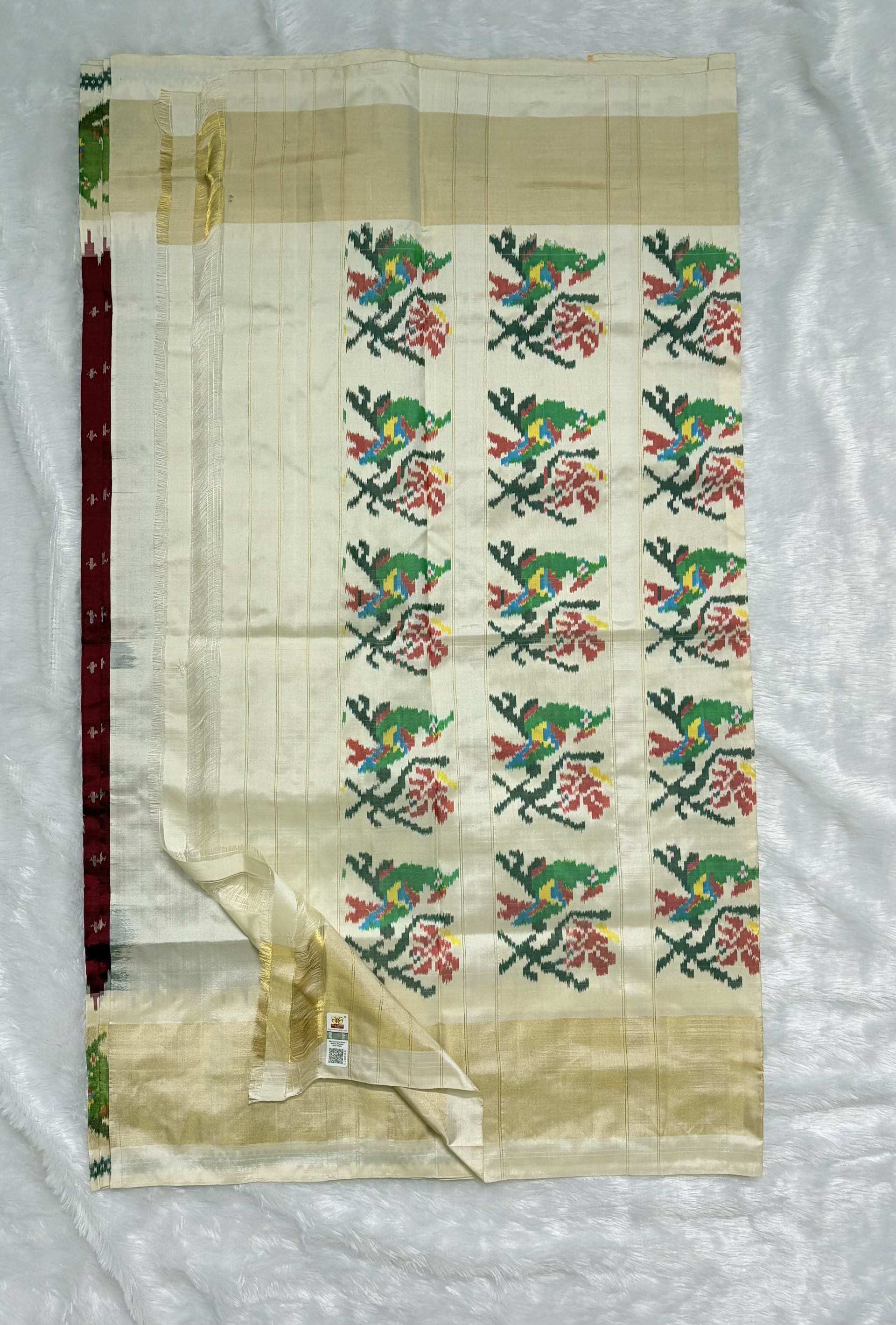Pure Ikkat Silk Saree with Paithani border Maroon — Red/Maroon Pochampally/Ikat Silk saree
