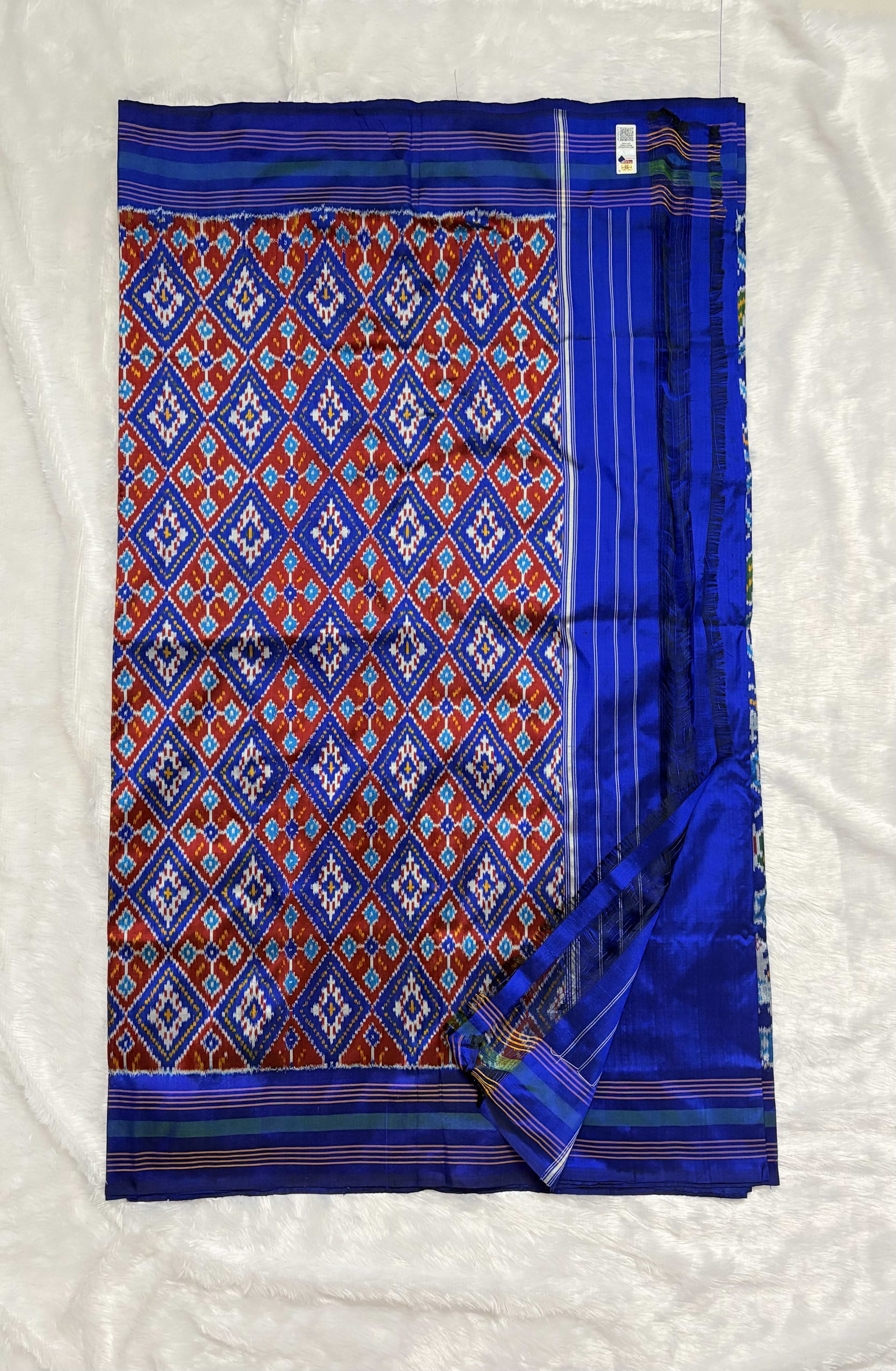 Pure Ikkat Silk Saree with Patola design Blue — Blue Pochampally/Ikat Silk saree
