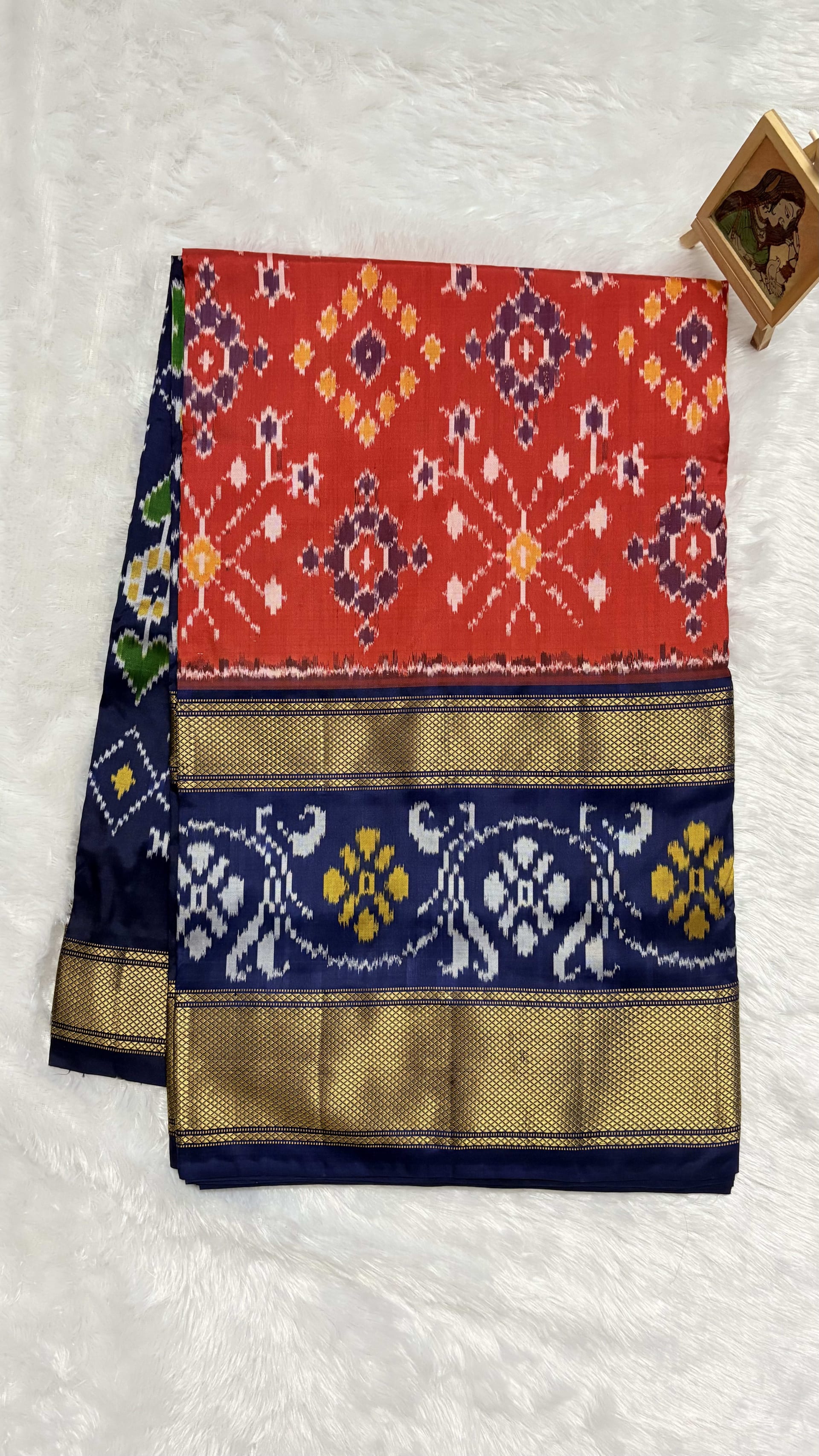 Pure Ikkat Silk Saree with Khaddi border Orange — Orange Pochampally/Ikat Silk saree
