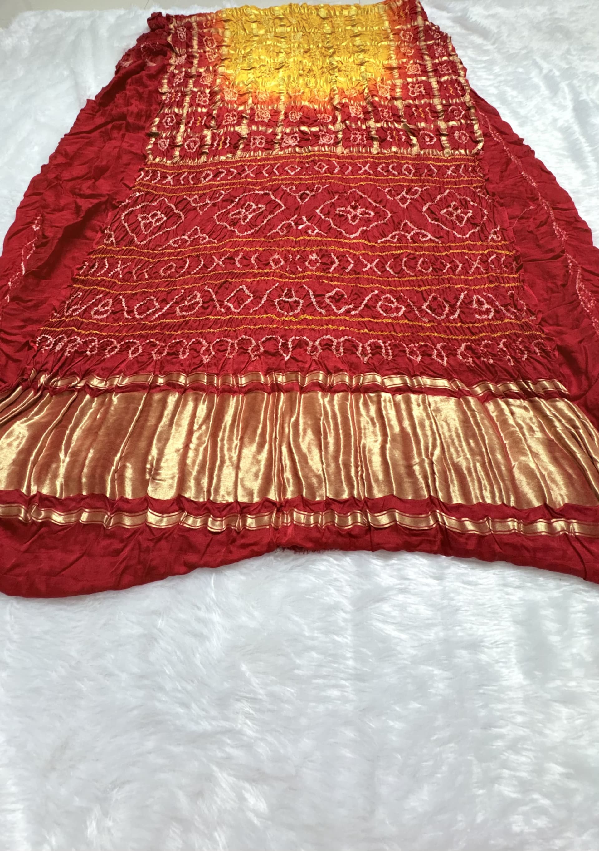 Pure Gajji Silk Saree with Gharchola Bandhani pattern - Yellow and red — Yellow Bandhani Gajji Silk saree