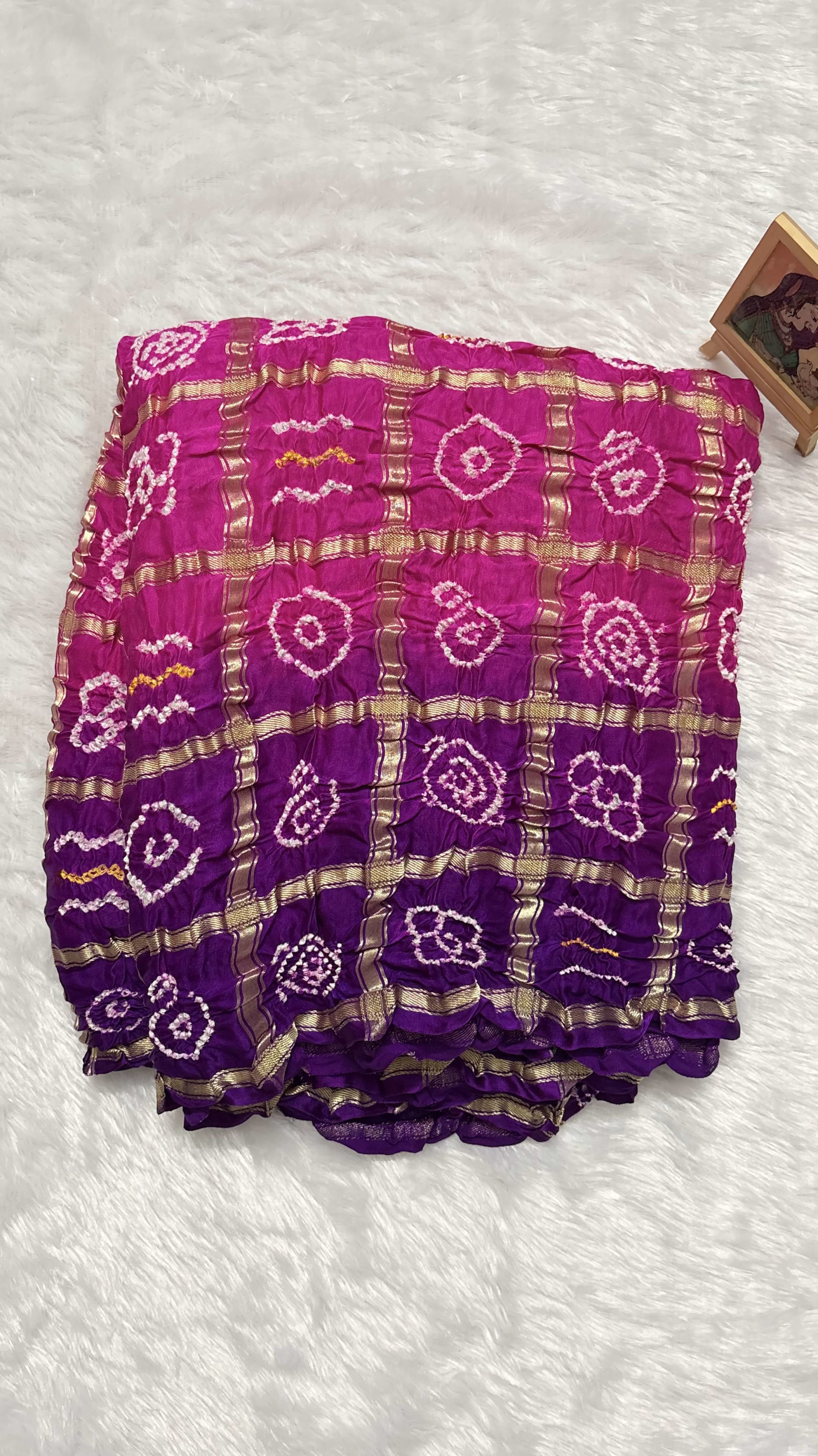 Pure Gajji Silk Saree with Gharchola Bandhani pattern - Pink and purple — Pink/Peach Bandhani Gajji Silk saree