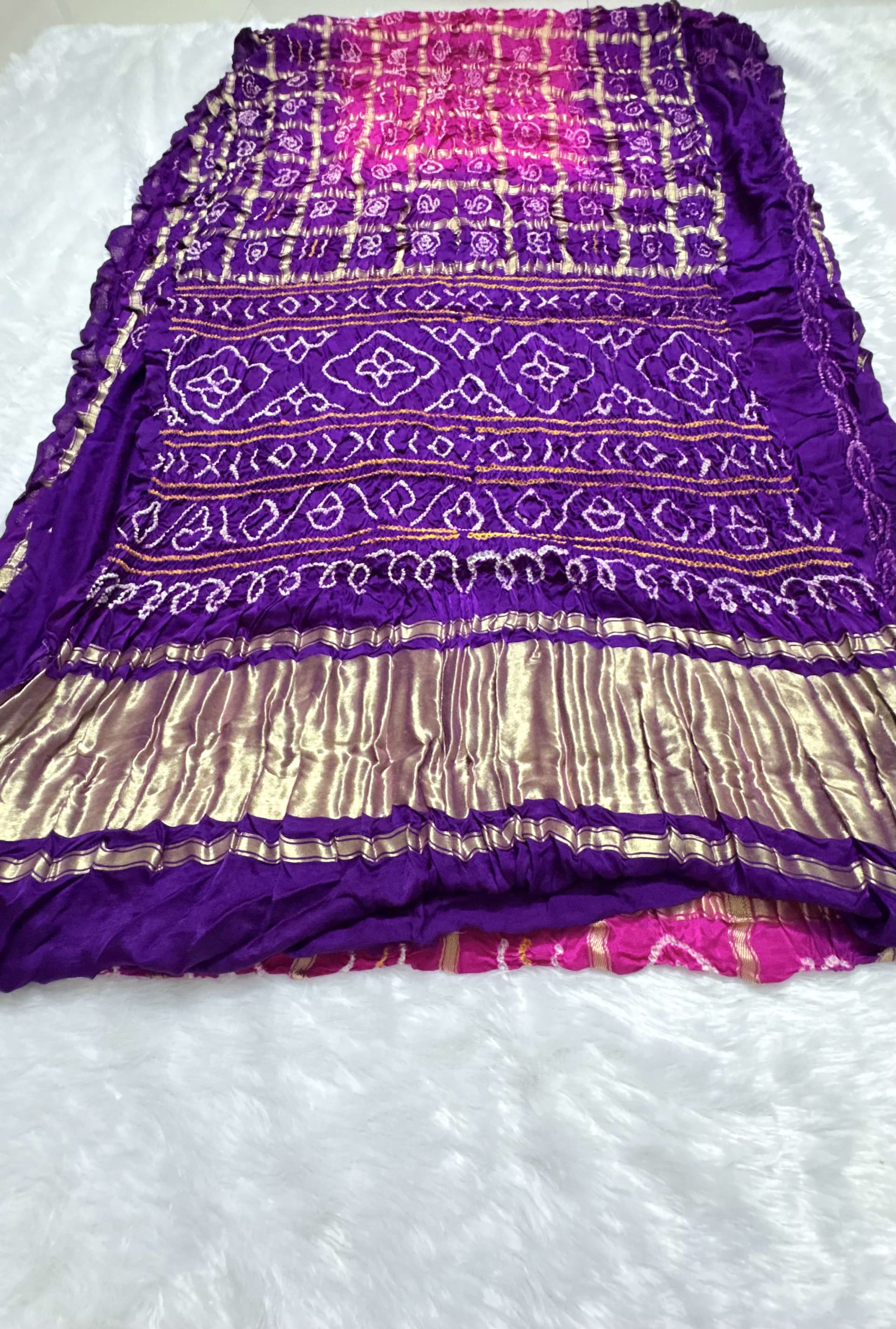 Pure Gajji Silk Saree with Gharchola Bandhani pattern - Pink and purple — Pink/Peach Bandhani Gajji Silk saree